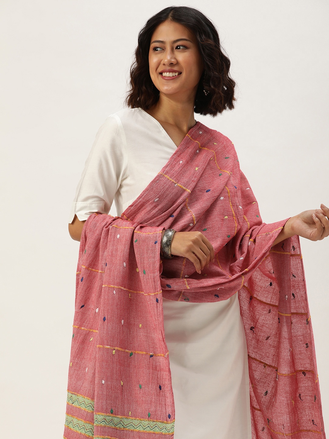 

ArtEastri Embroidered Cotton Dupatta with Kantha Work, Pink