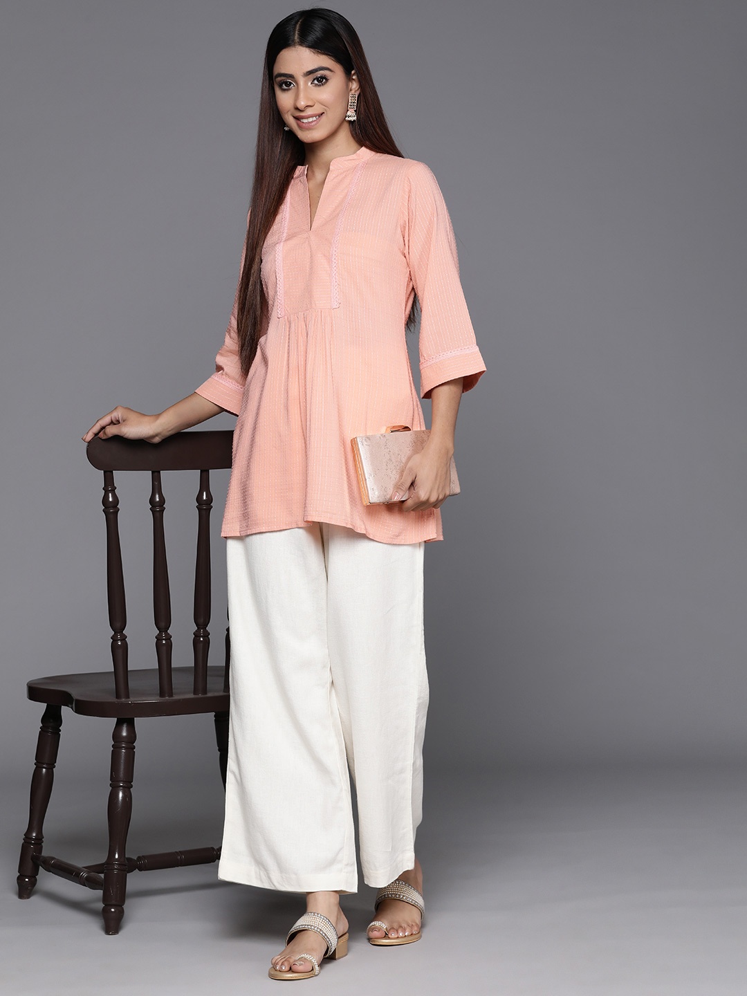 

Libas Woven Design Flared Sleeves Pleated Kurti, Peach