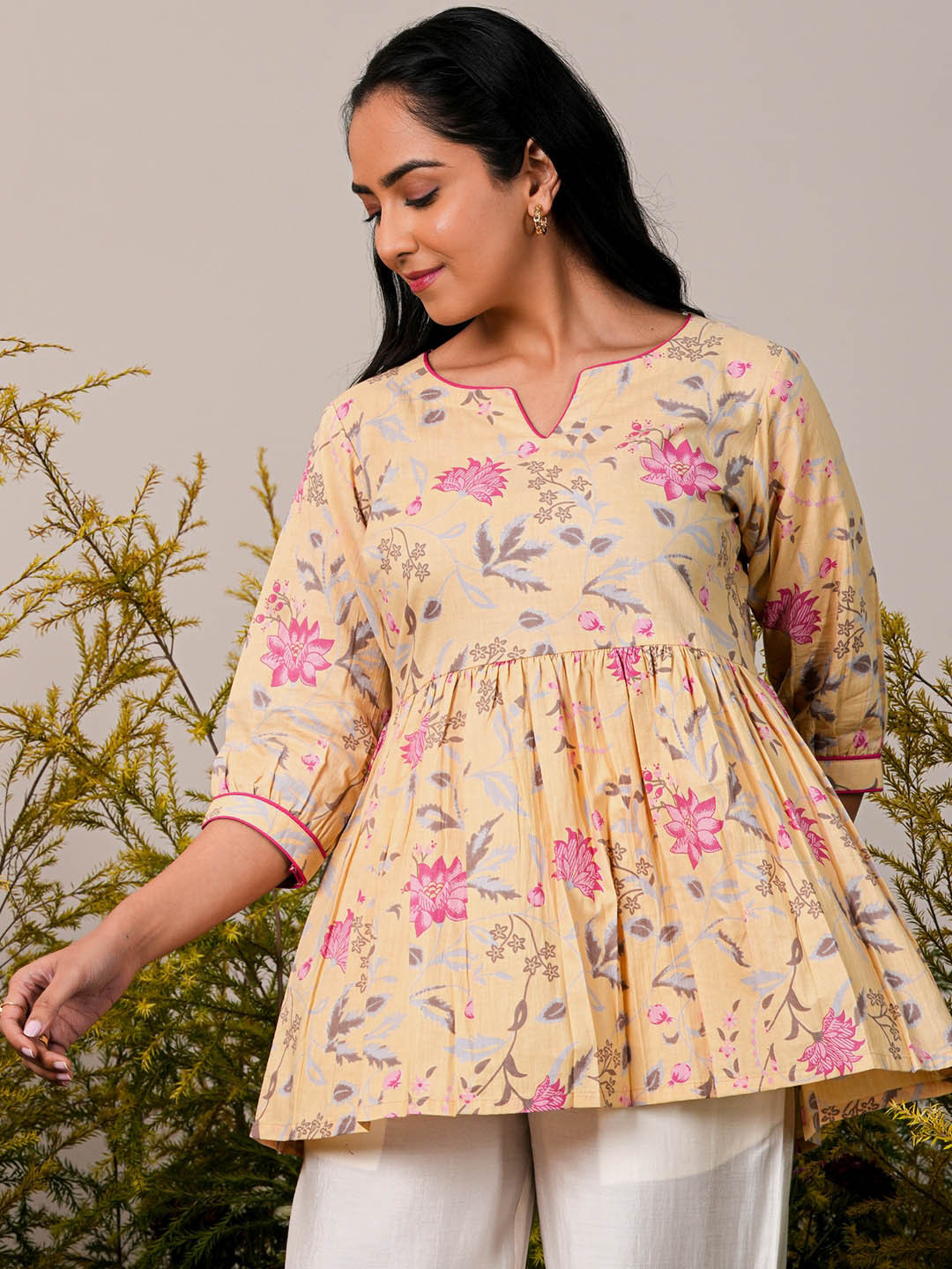

Libas Floral Printed Puff Sleeves Pure Cotton Pleated Kurti, Yellow