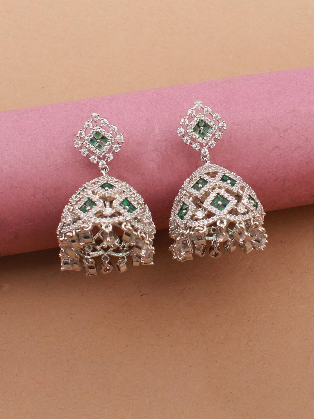

Mirana Rhodium-Plated Cubic Zirconia Studded Dome Shaped Jhumkas, Silver