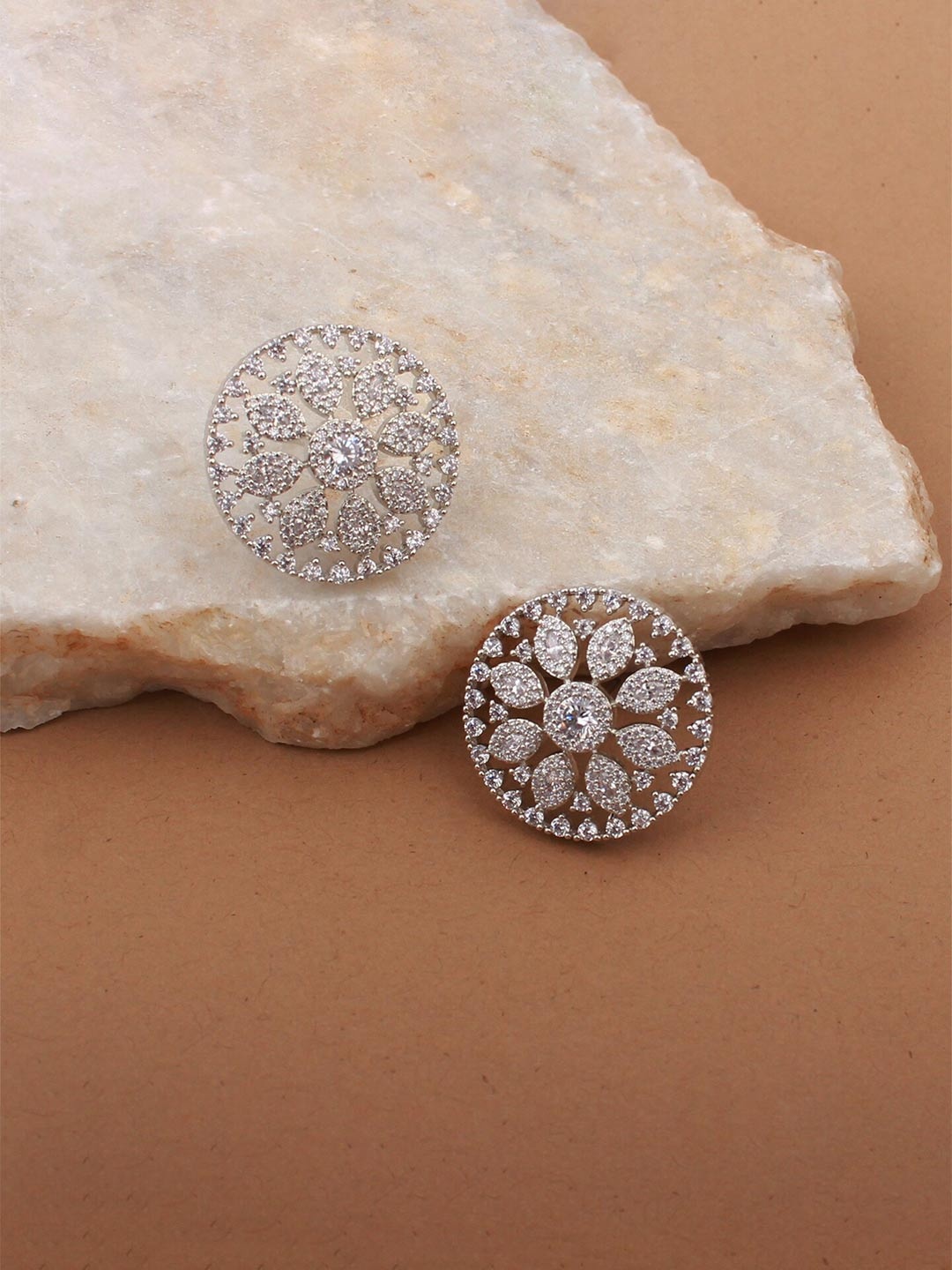 

Mirana Rhodium-Plated Cubic Zirconia Studded Circular Studs Earrings, Silver