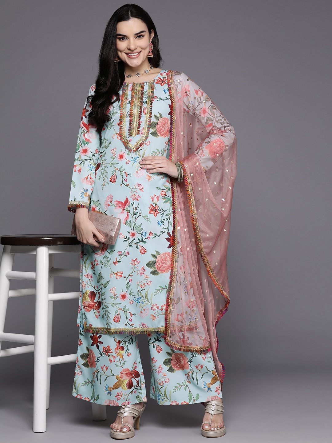 

Ahalyaa Women Floral Printed Regular Kurta with Palazzos & With Dupatta, Sea green