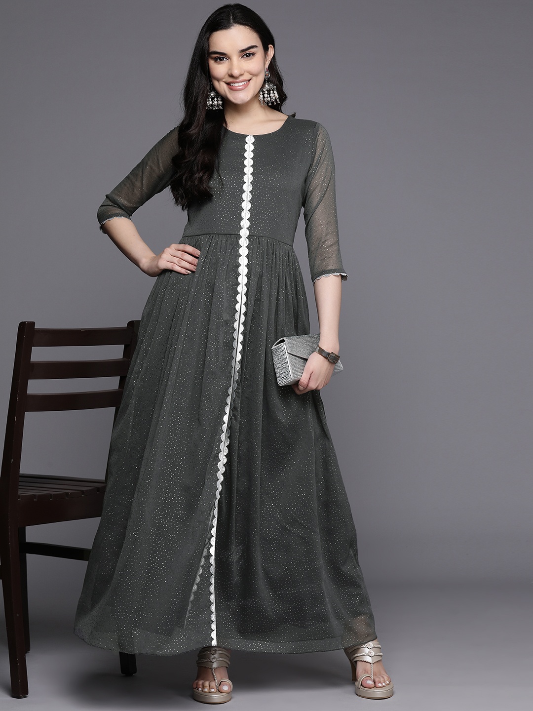 

Ahalyaa Abstract Print Layered A-Line Maxi Ethnic Dress, Grey