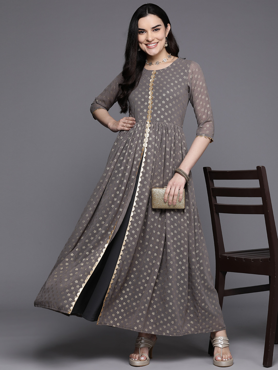 

Ahalyaa Floral Print Layered A-Line Maxi Ethnic Dress, Grey