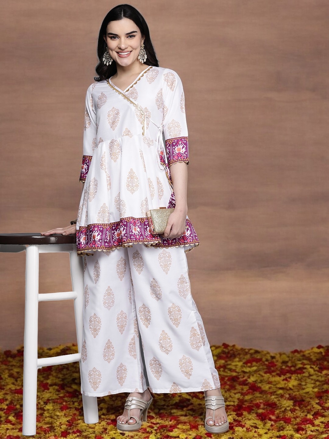 

Ahalyaa Ethnic Motifs Printed Angrakha Gotta Patti Kurti with Palazzos, White