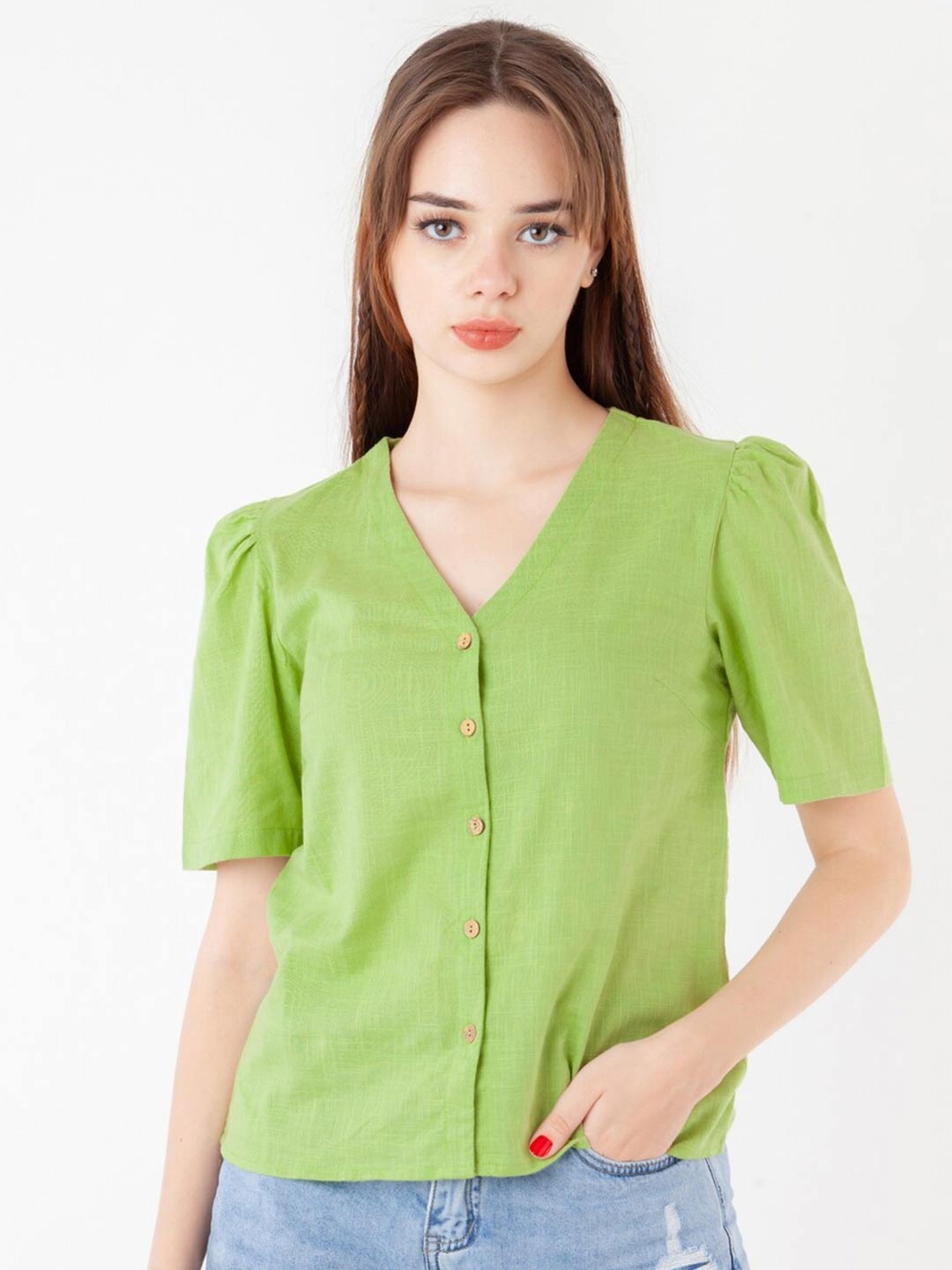 

Zink London Cotton Shirt Style V Neck Top, Green