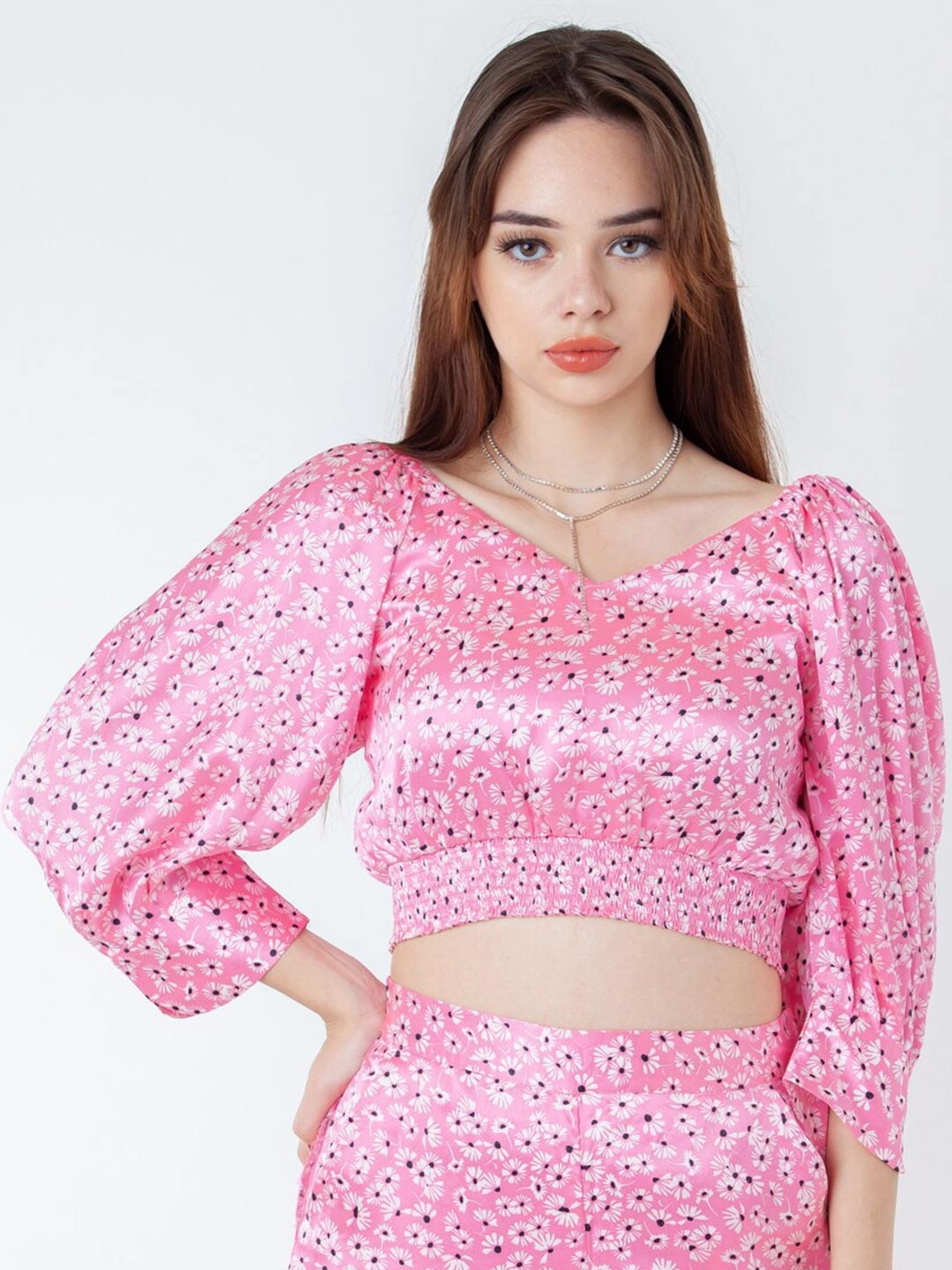 

Zink London Print Flared Sleeve Crop Top, Pink