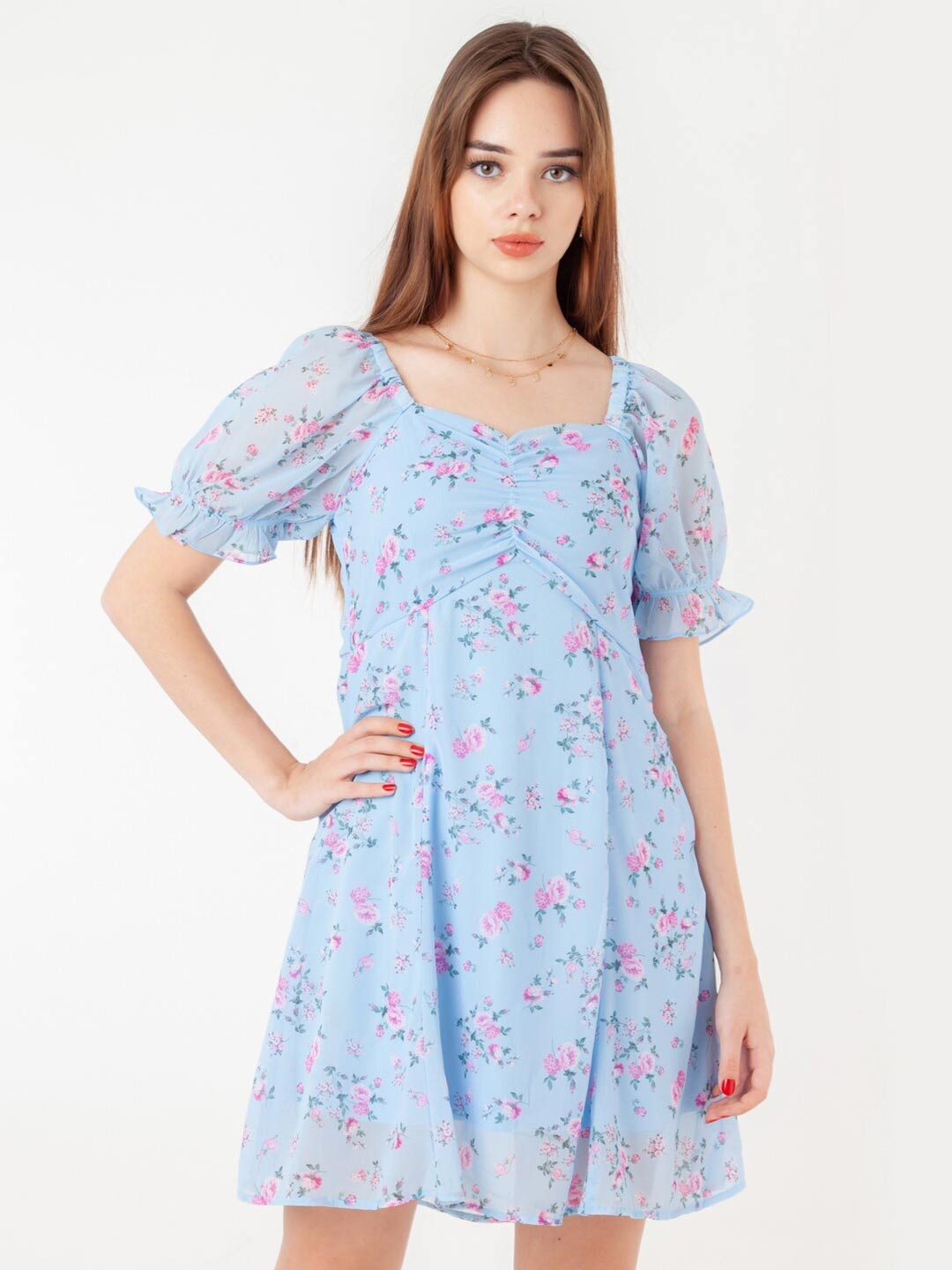 

Zink London Floral Printed Sweetheart Neck Fit And Flare Dress, Blue