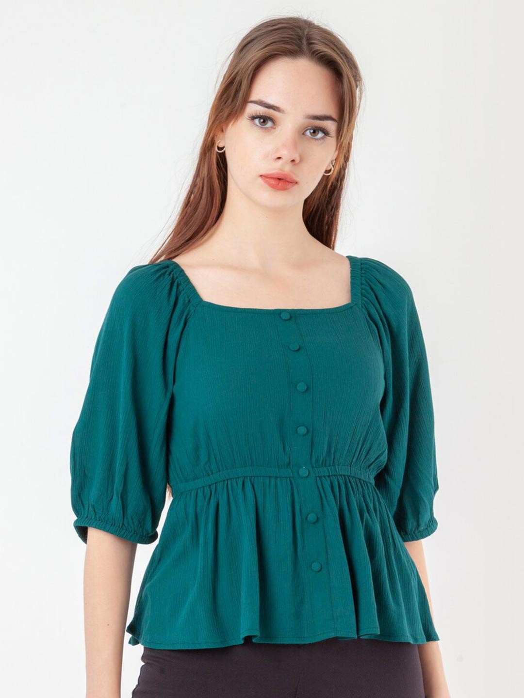 

Zink London Square Neck Puff Sleeves Pleated Peplum Top, Green