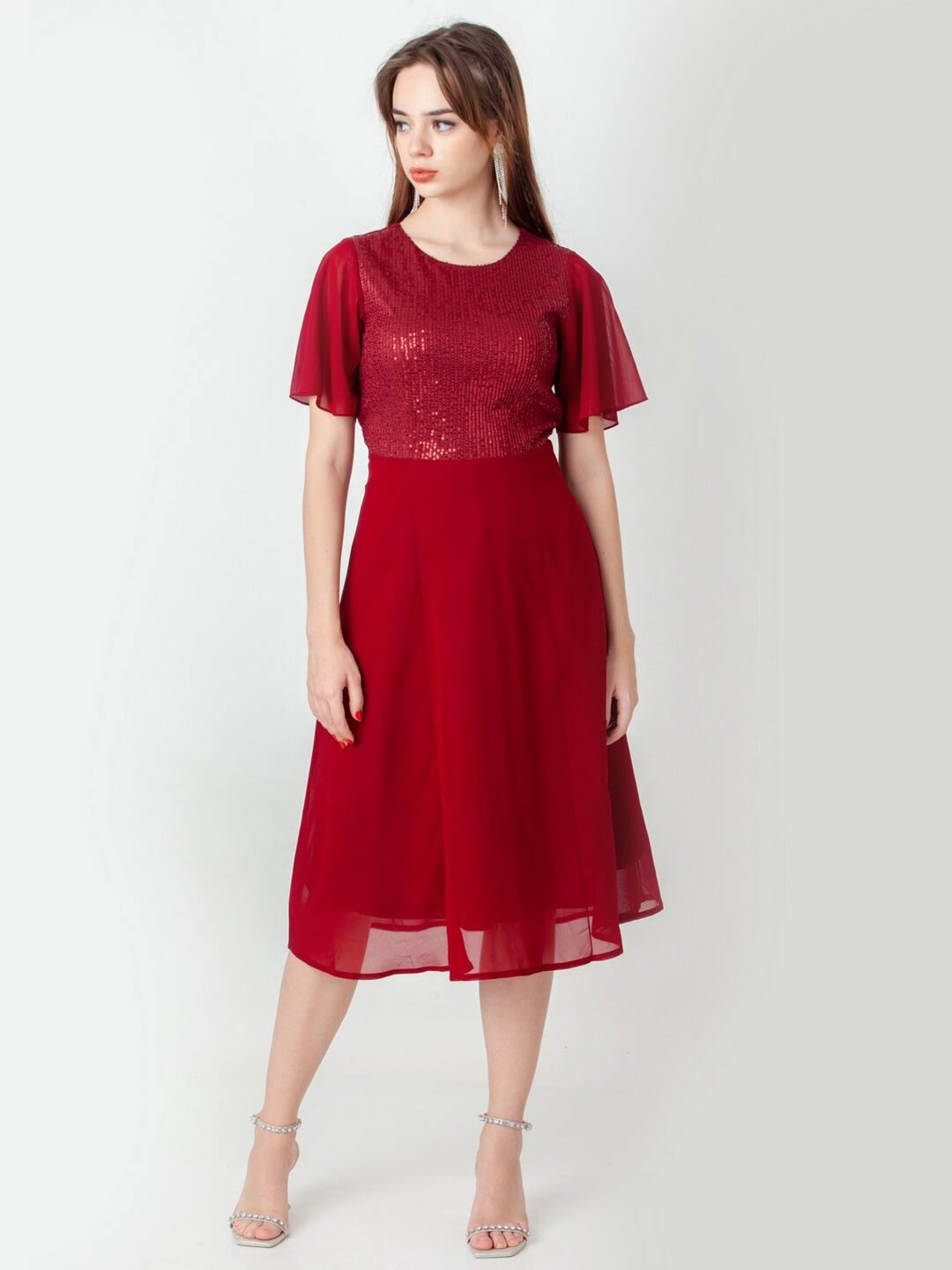 

Zink London Embellished Round Neck A-Line Dress, Maroon