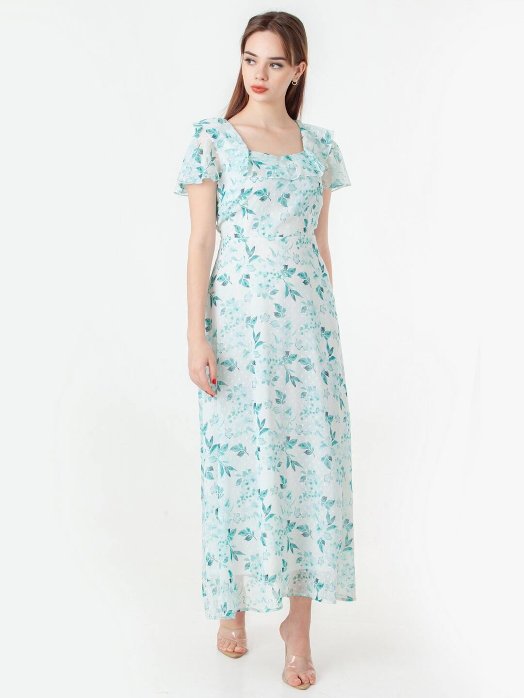 

Zink London Floral Printed Square Neck Maxi Dress, White