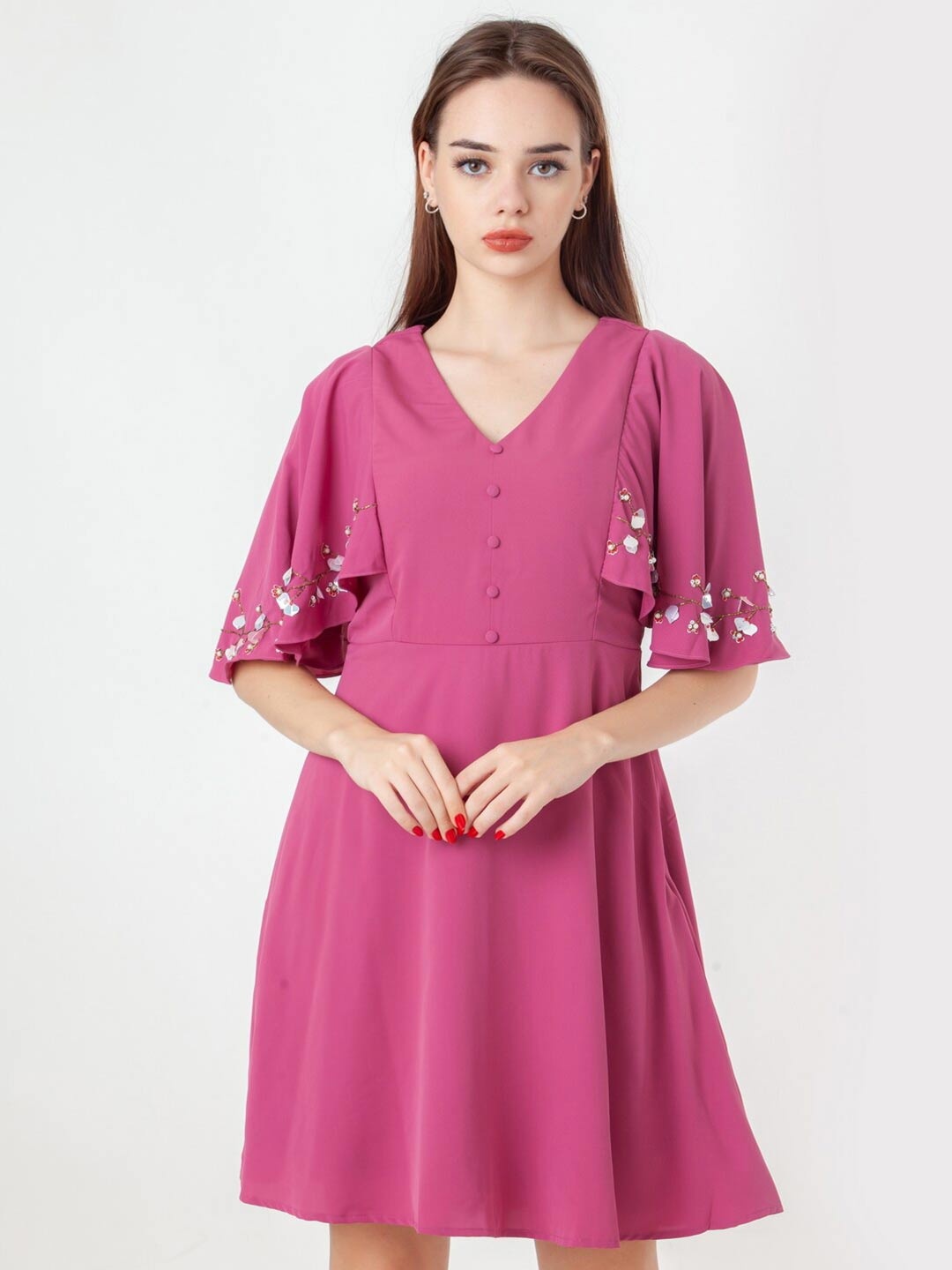 

Zink London Embellished V-Neck Flared Sleeves A-Line Dress, Pink