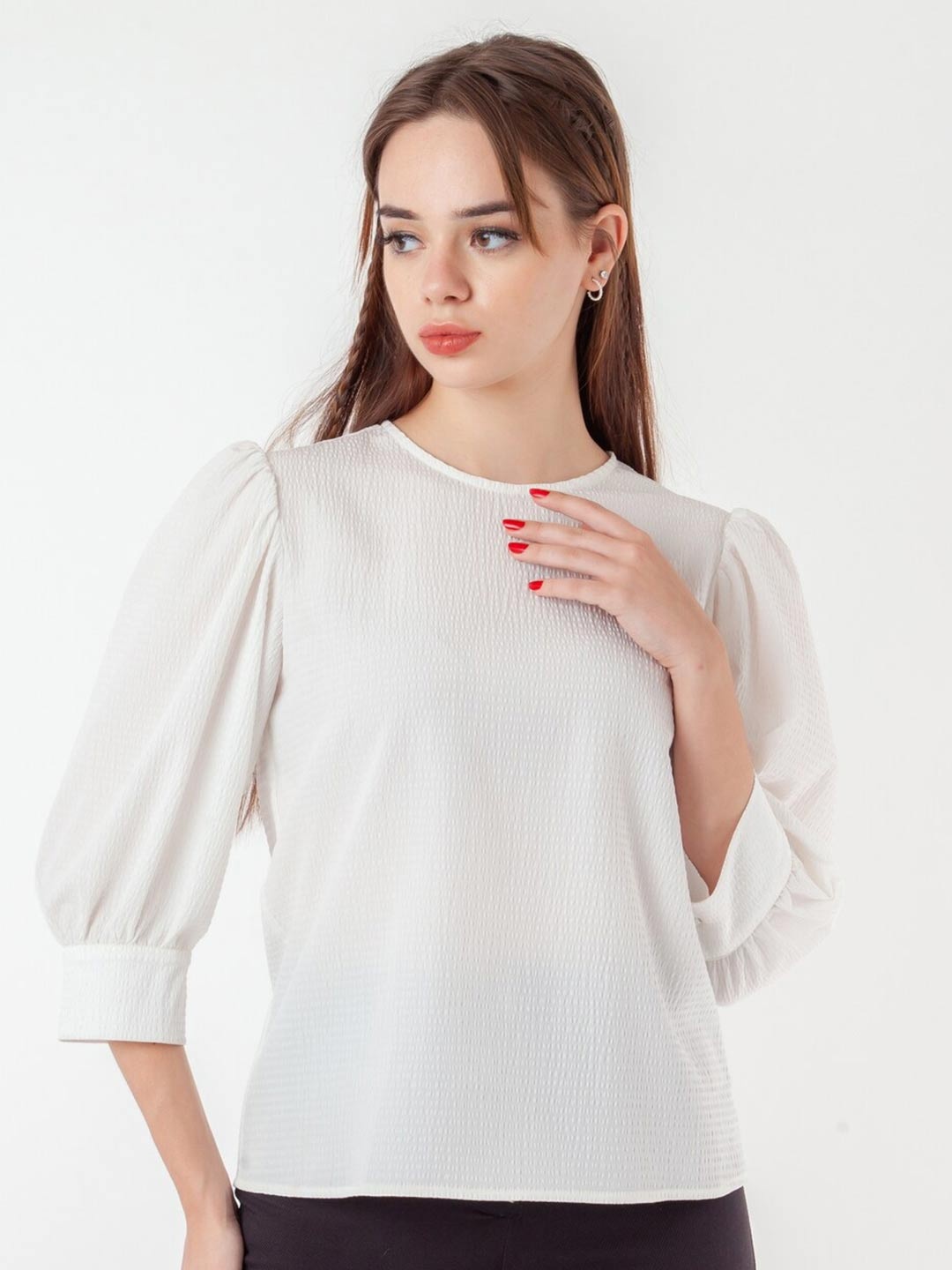 

Zink Studio Round Neck Puff Sleeve Top, White