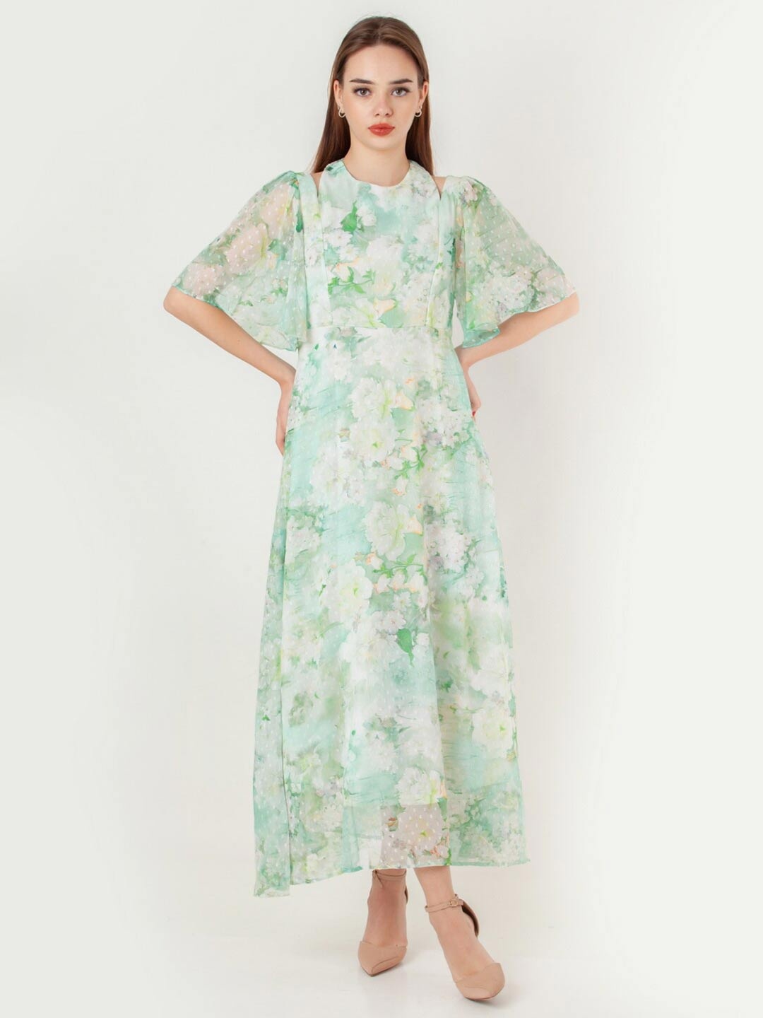 

Zink London Floral Printed Tie-Up Neck Flared Sleeves Maxi Dress, Green