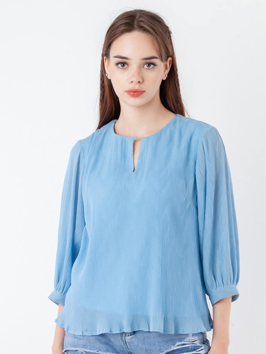 

Zink London Keyhole Neck Puff Sleeve Top, Blue