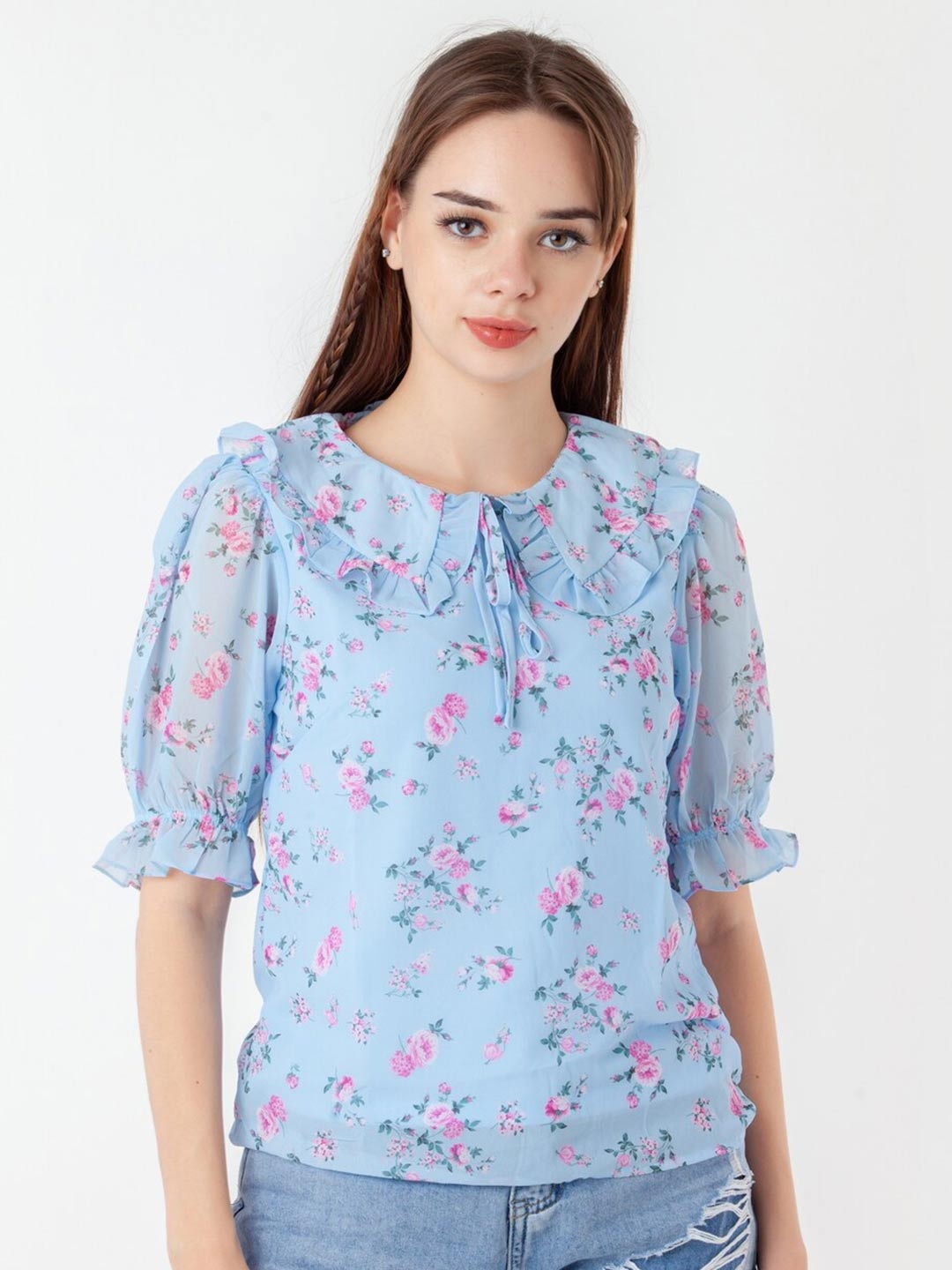

Zink London Floral Print Round Neck Puff Sleeves, Blue