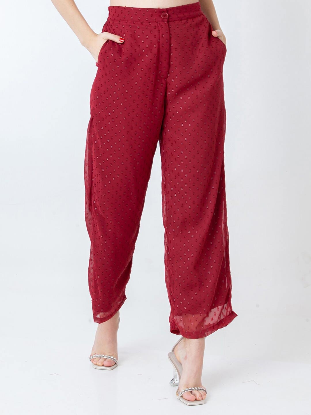 

Zink London Women High-Rise Geometric Self Design Parallel Trouser, Maroon