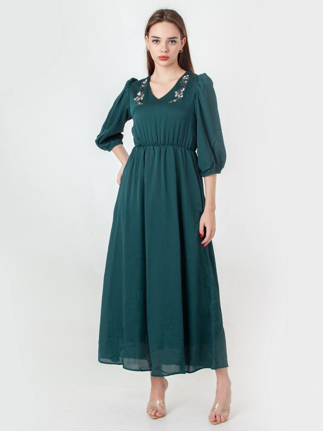 

Zink London Embellished V Neck Puff Sleeves Maxi Dress, Green