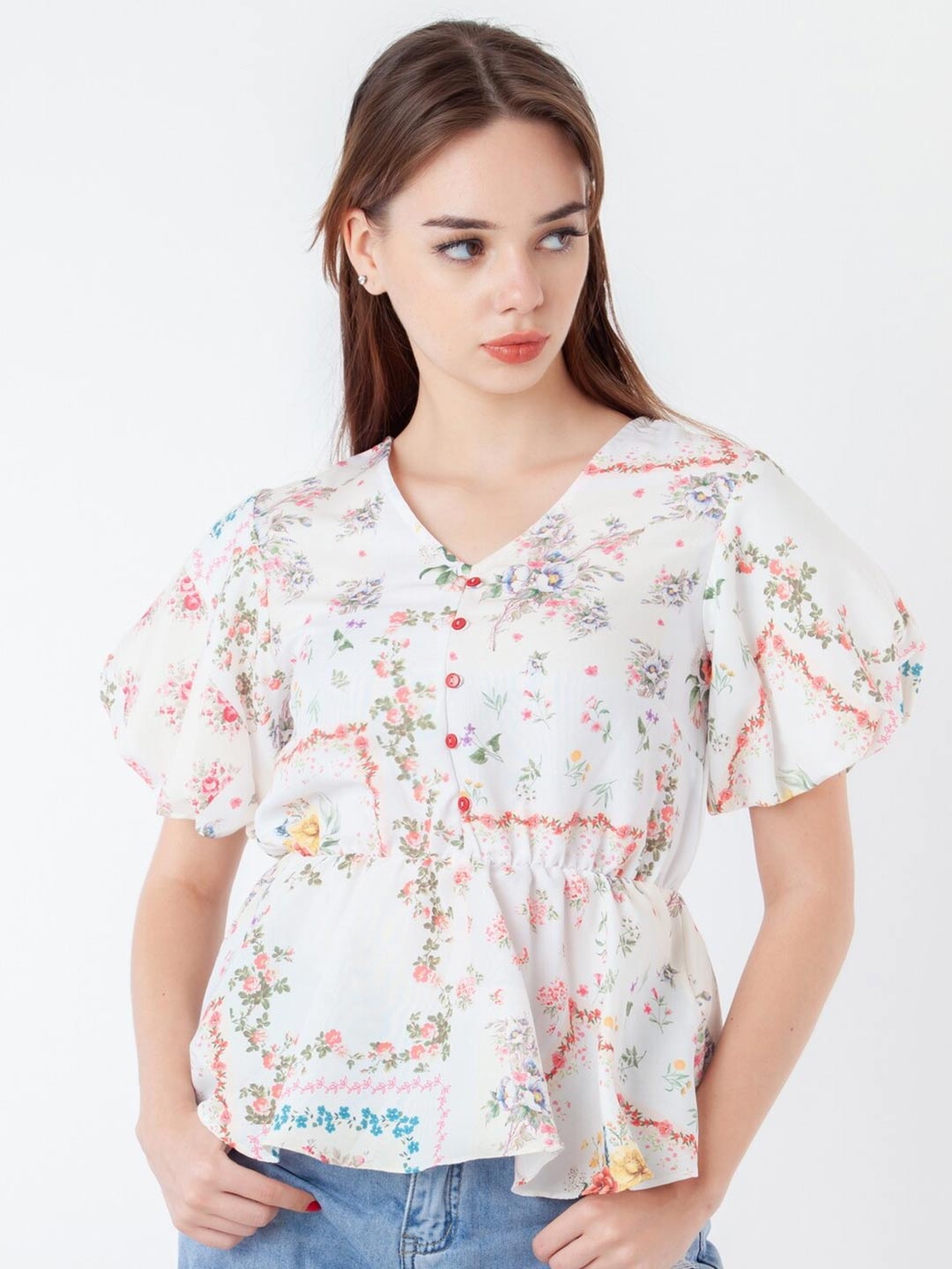 

Zink London Floral Printed V-Neck Flutter Sleeve Empire Top, White