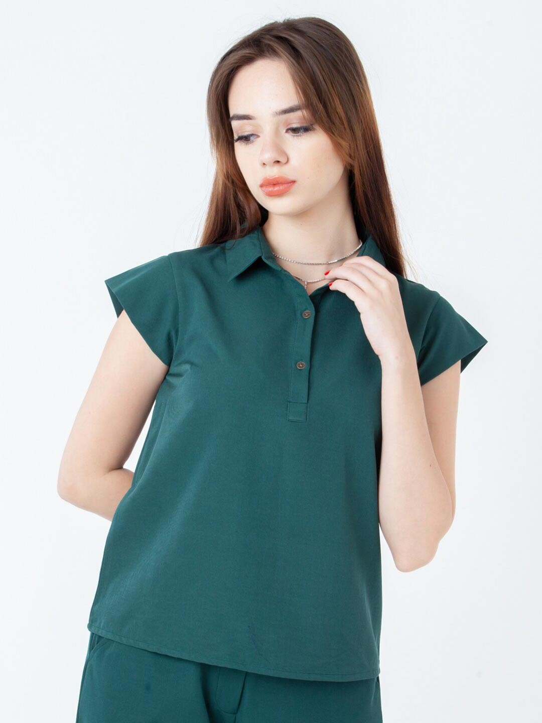 

Zink London Shirt Collar Cap Sleeves Top, Green