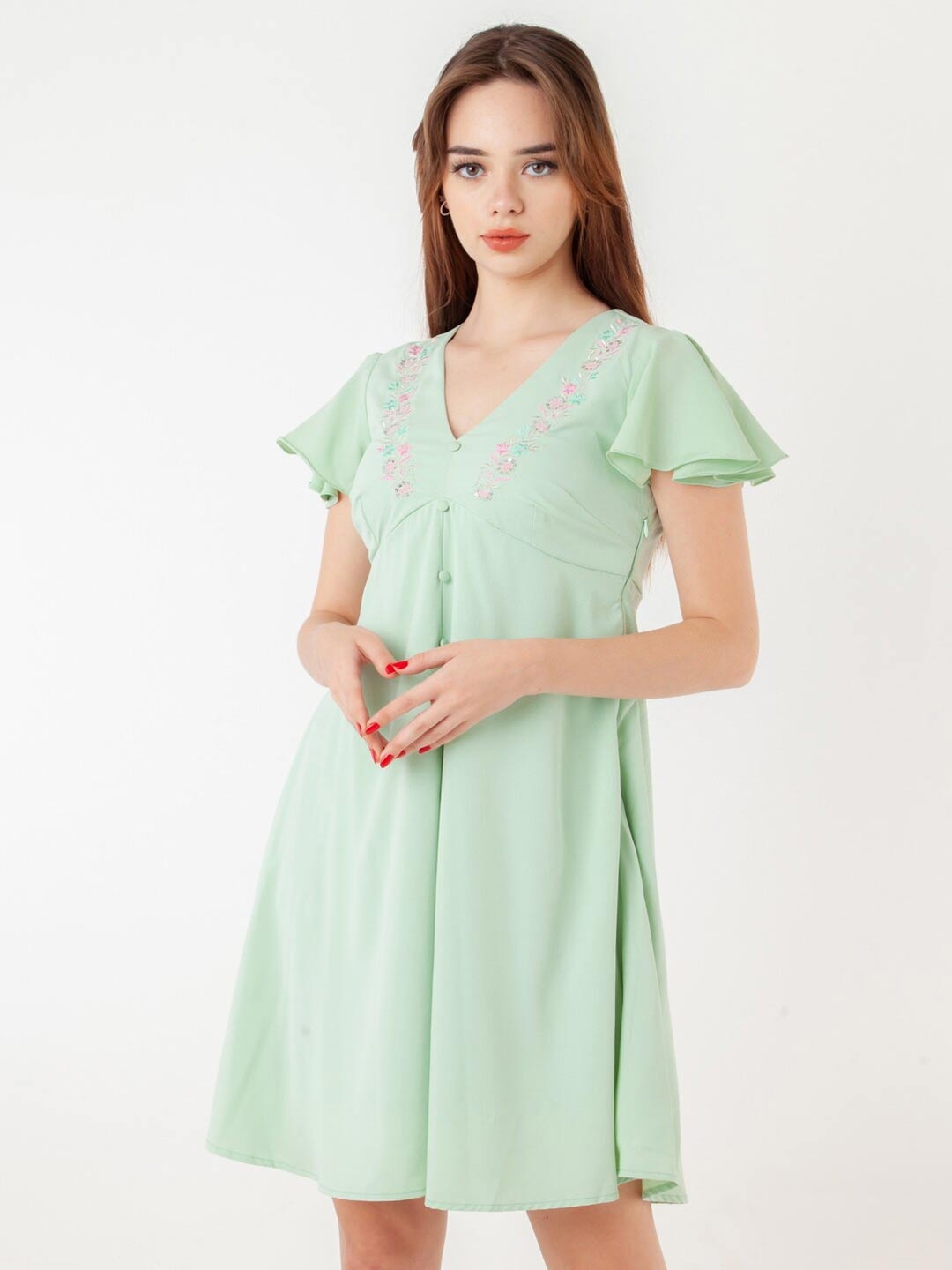 

Zink London Embroidered V Neck Flared Short Sleeves Fit And Flare Dress, Green