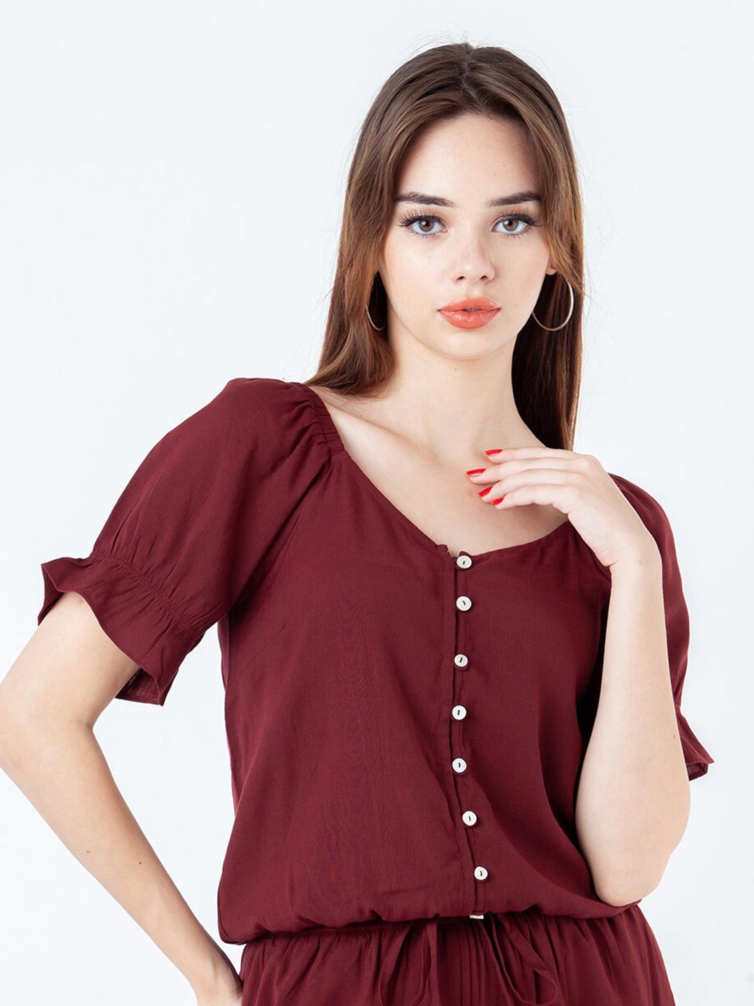 

Zink London V-Neck Puff Sleeves Crop Top, Maroon
