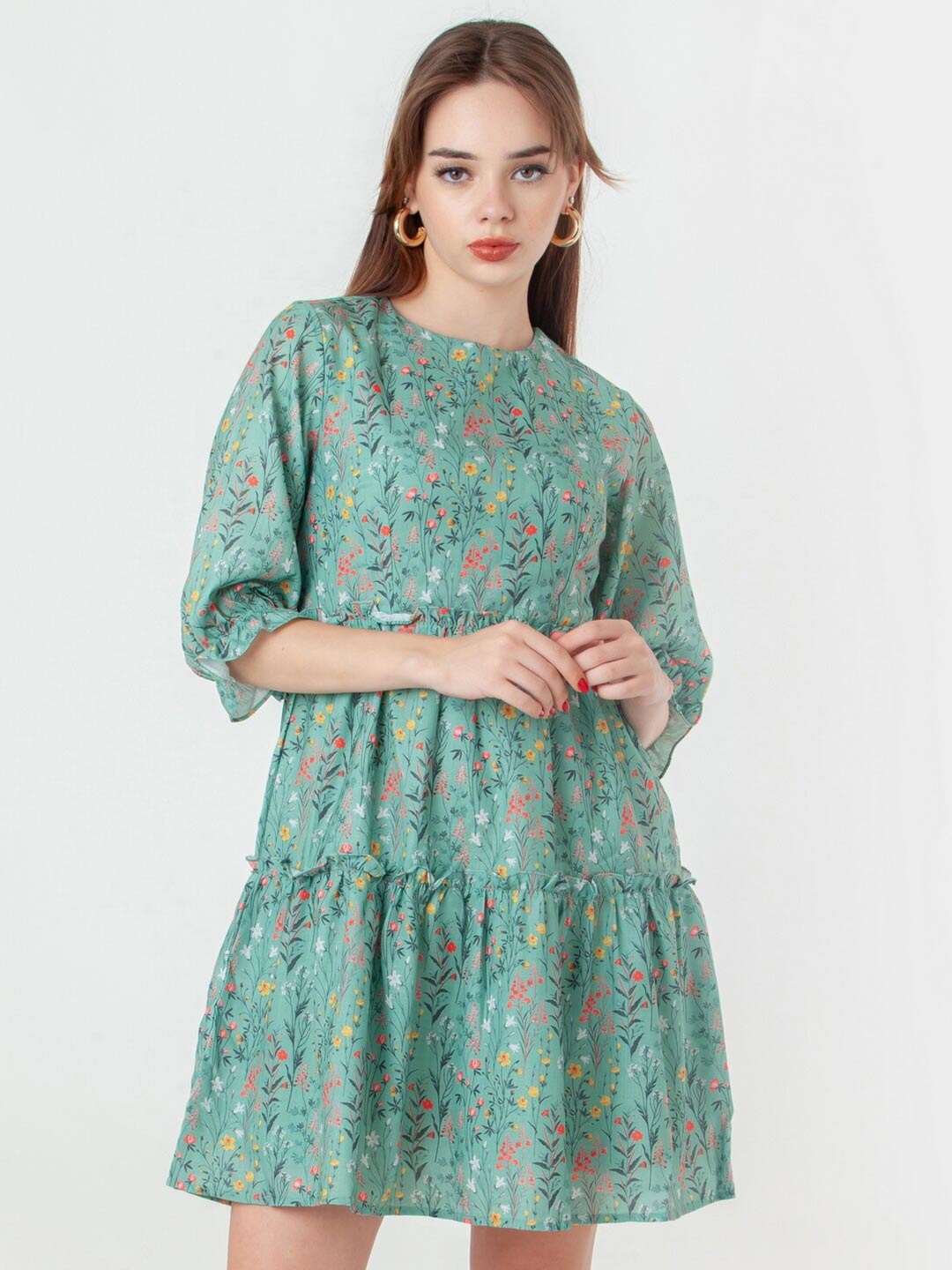 

Zink London Printed Round Neck Puff Sleeves Tiered Fit And Flare Dress, Green