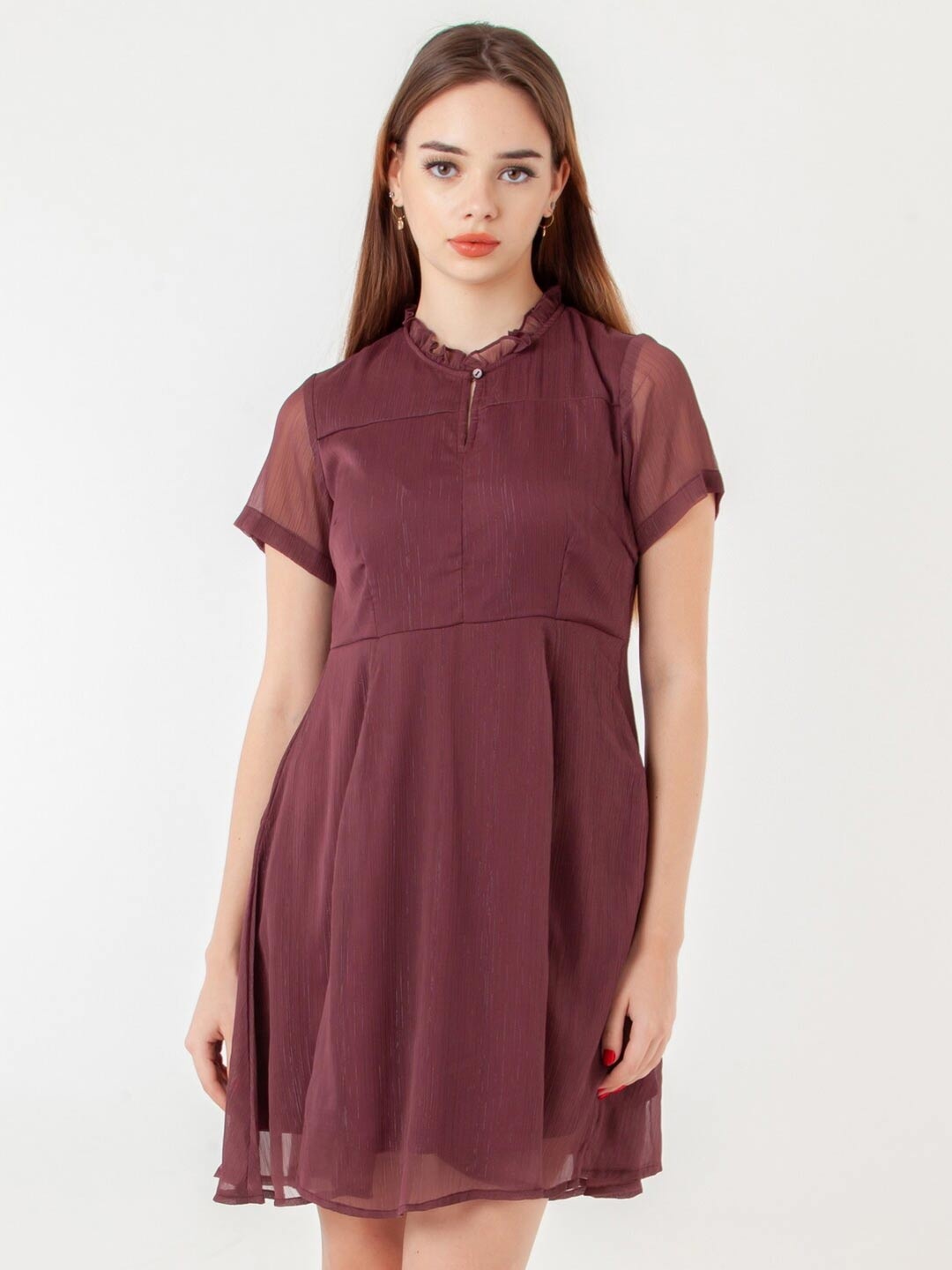 

Zink London Keyhole Short Sleeves Fit And Flare Dress, Brown