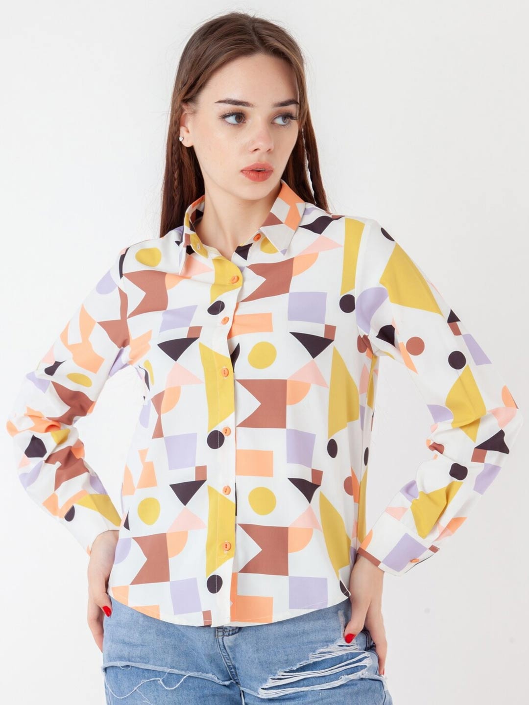 

Zink London Printed Spread Collar Long Sleeves Casual Shirt, White
