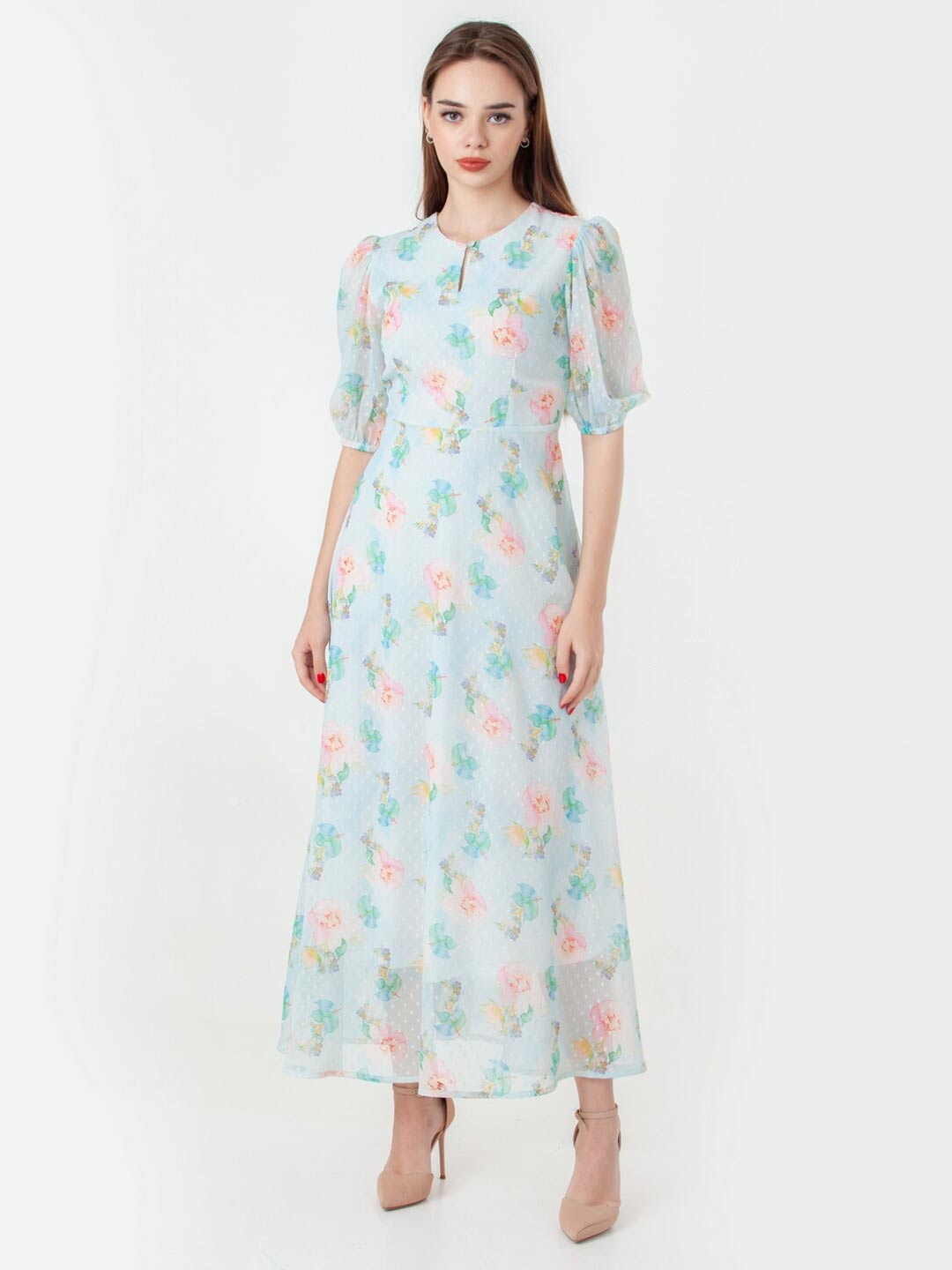 

Zink London Floral Printed Keyhole Neck Puff Sleeves Maxi Dress, Blue