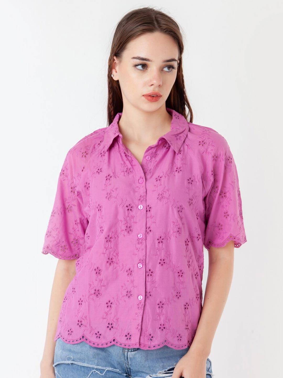 

Zink London Spread Collar Scalops Sleeves Casual Shirt, Pink