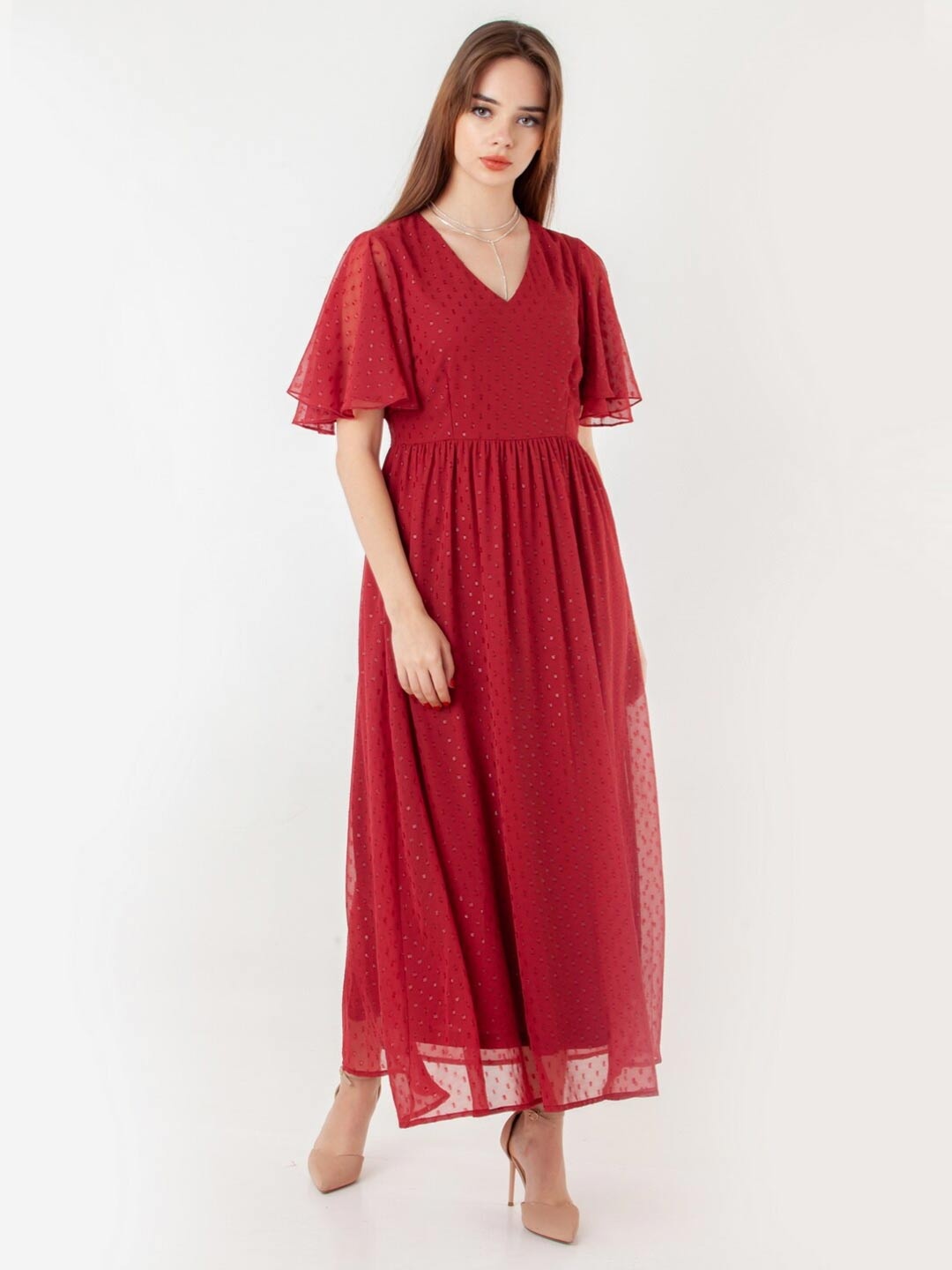 

Zink London Embellished V Neck Flared Sleeves Maxi Dress, Maroon