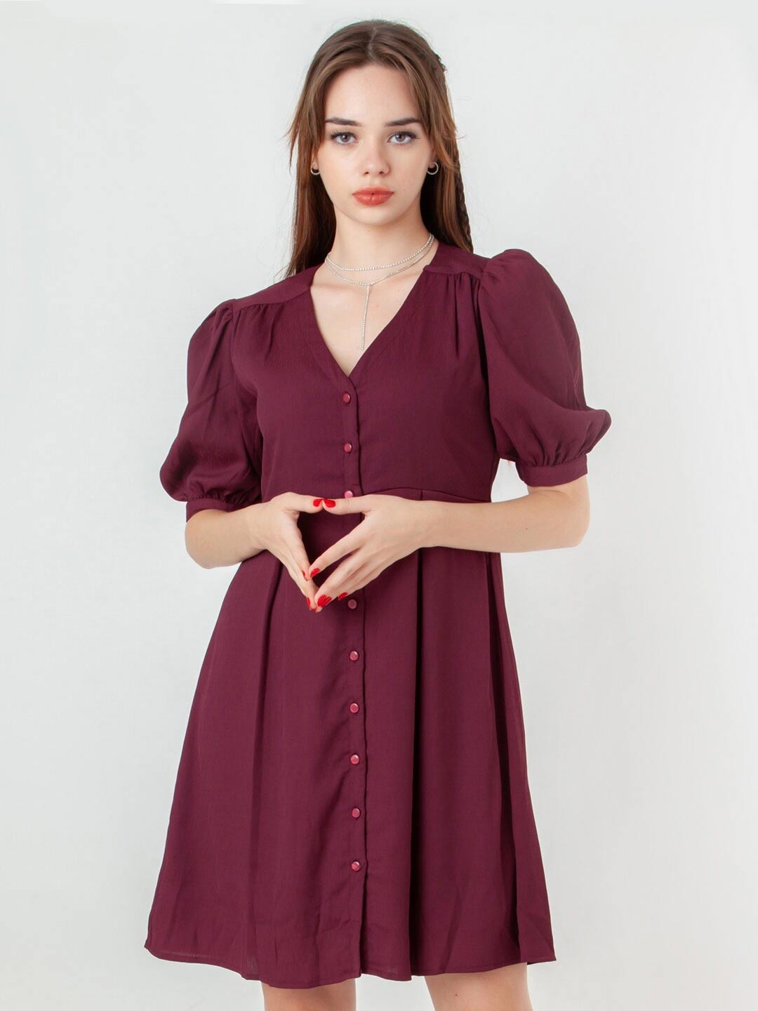 

Zink Studio V Neck Puff Sleeves Fit And Flare Dress, Maroon