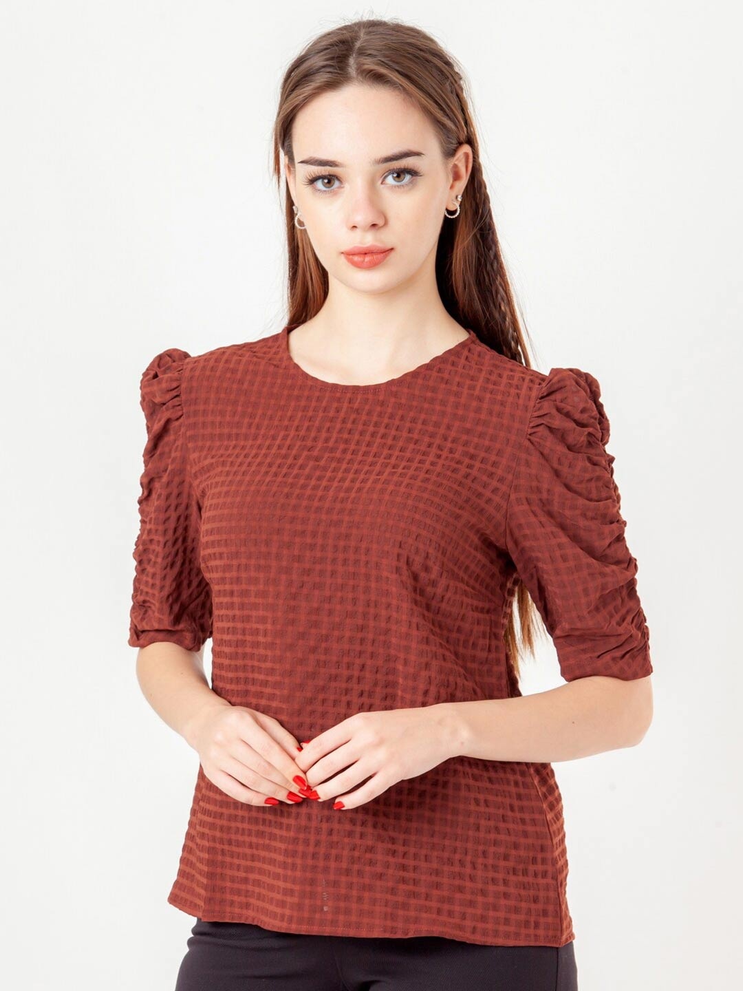 

Zink London Textured Round Neck Puff Sleeves Straight Top, Brown