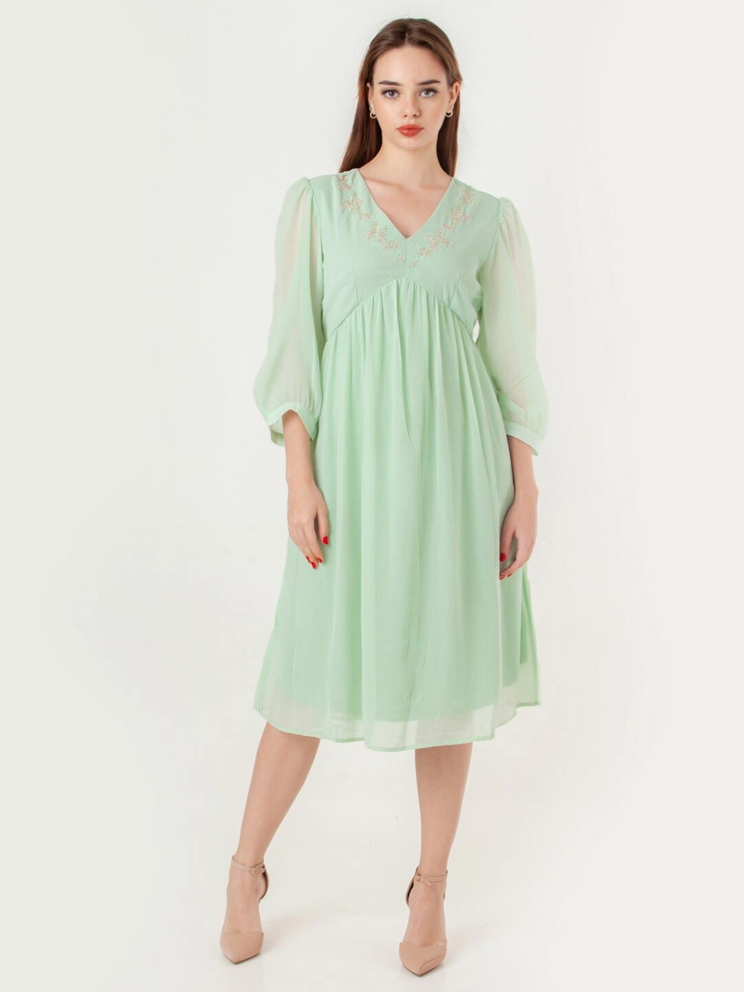 

Zink London Embroidered V Neck Puff Sleeves Fit And Flare Dress, Green