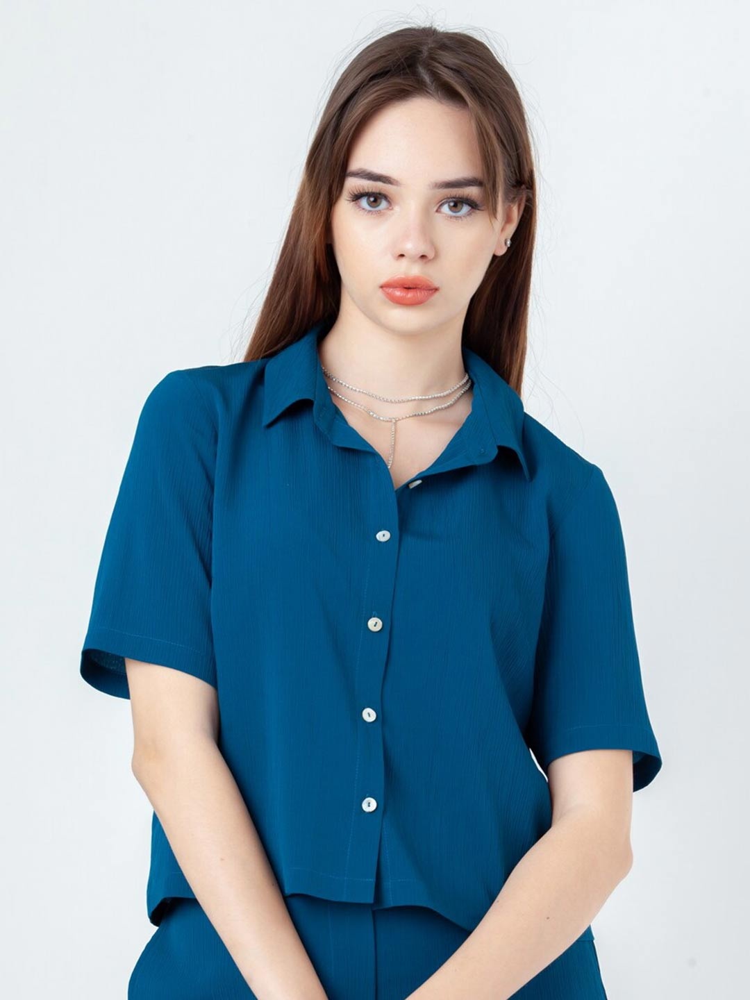 

Zink London Shirt Collar Short Sleeves Shirt Style Top, Teal