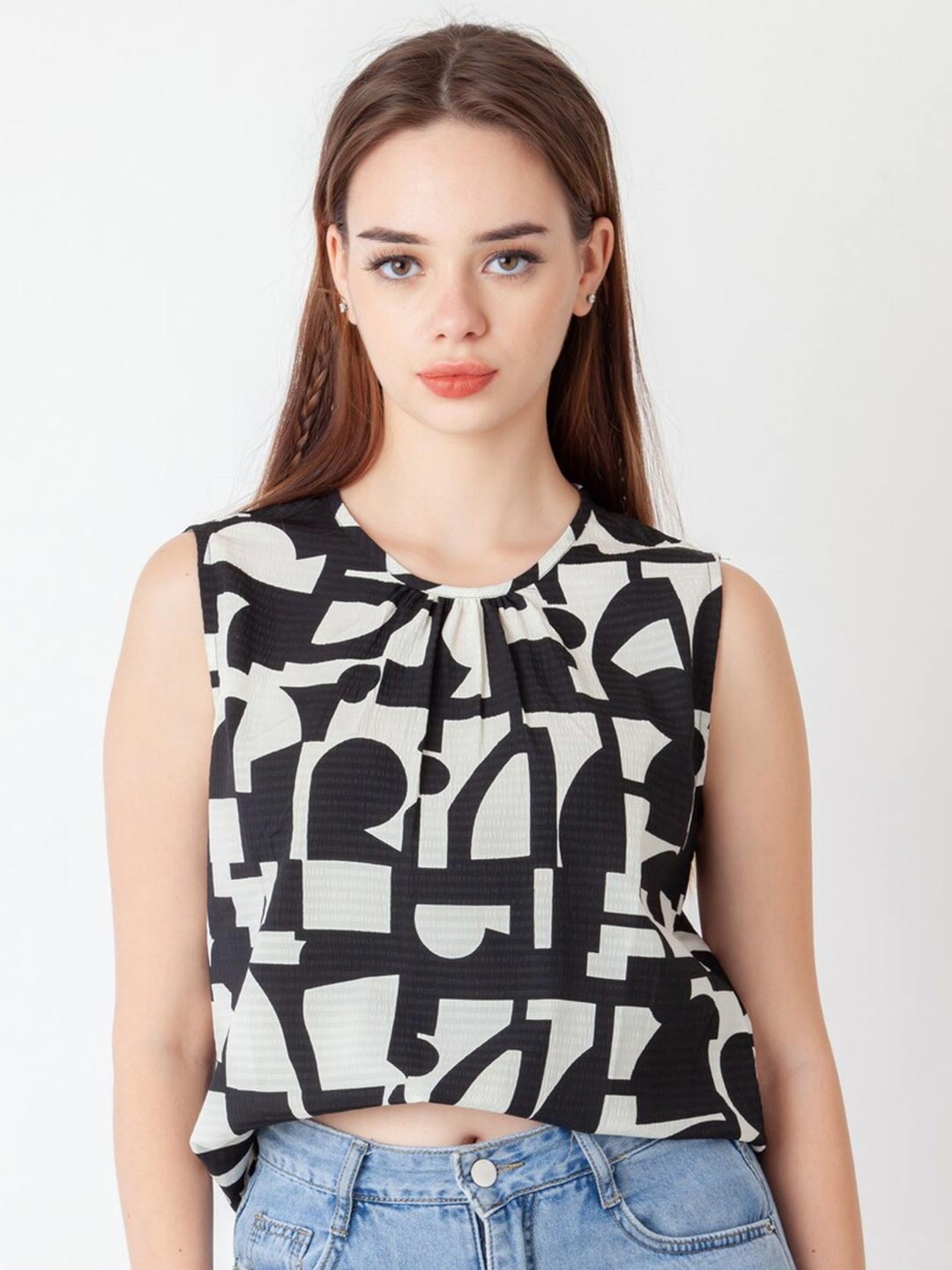 

Zink London Printed Round Neck Sleeveless Regular Top, White