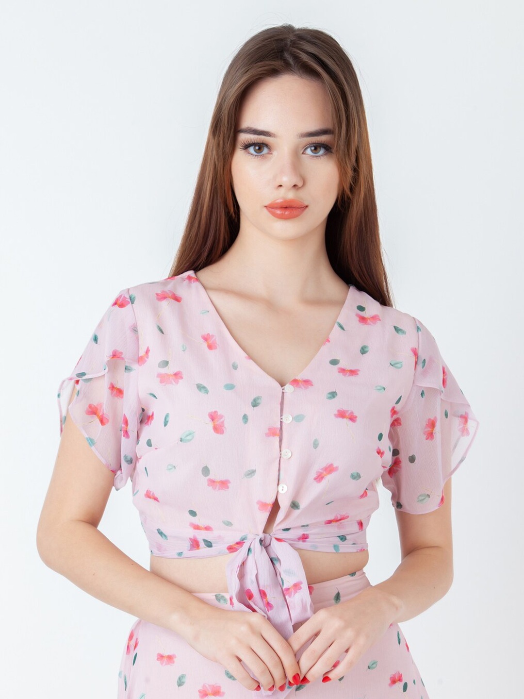 

Zink London Printed V Neck Extended Sleeves Crop Top, Pink