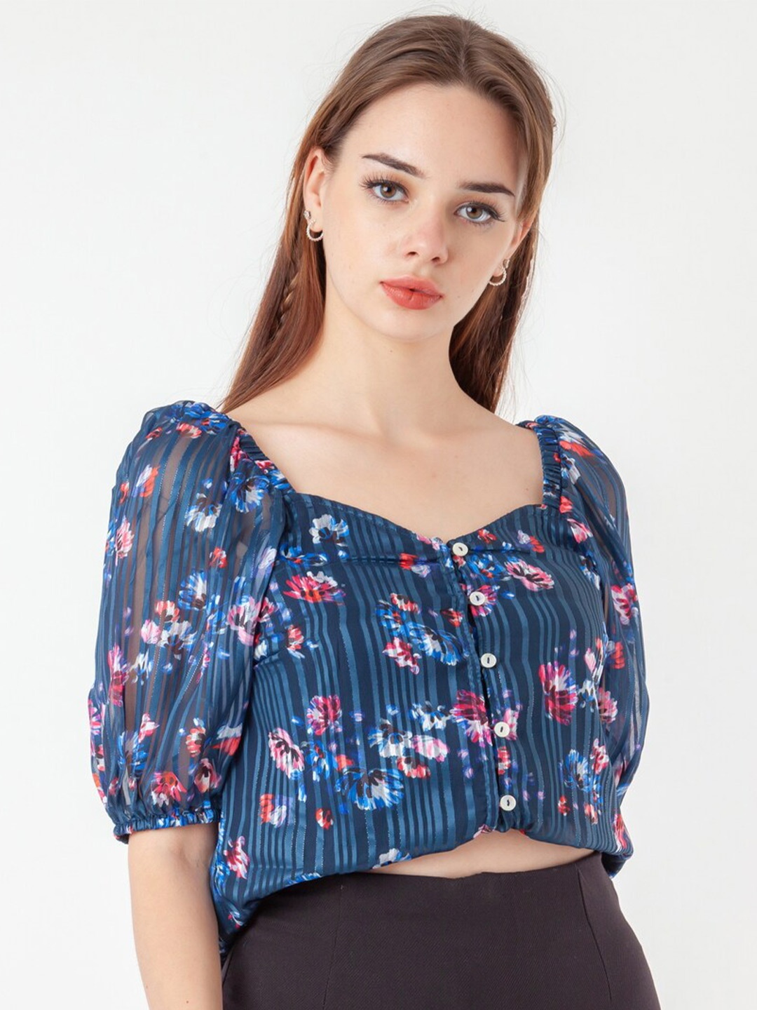 

Zink London Floral Printed Sweetheart Neck Puff Sleeves Straight Top, Blue
