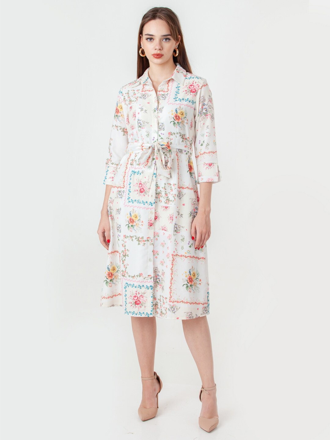 

Zink London Floral Printed Shirt Collar Tie up Shirt Dress, White