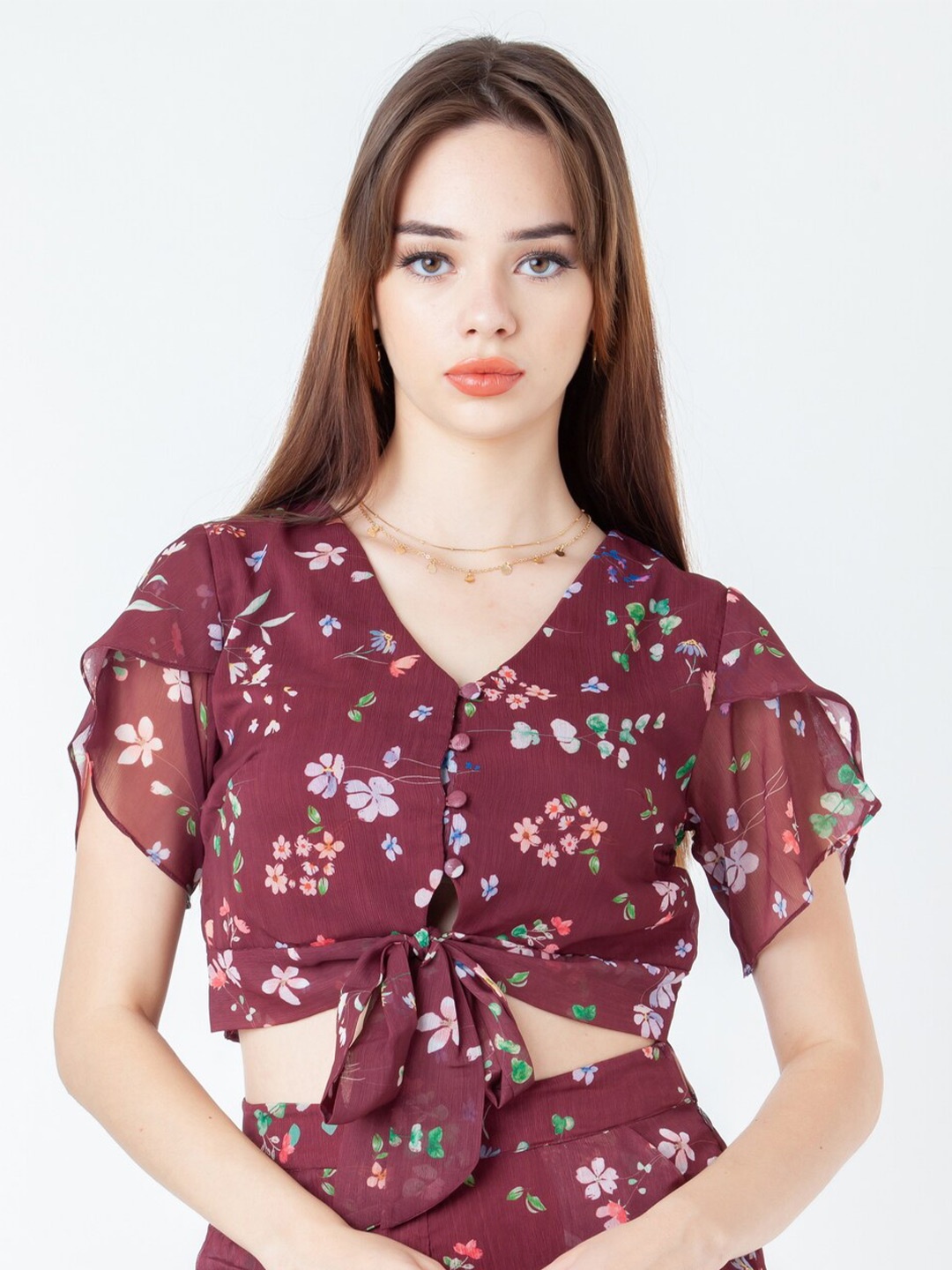 

Zink London Floral Printed V Neck Extended Sleeves Crop Top, Maroon