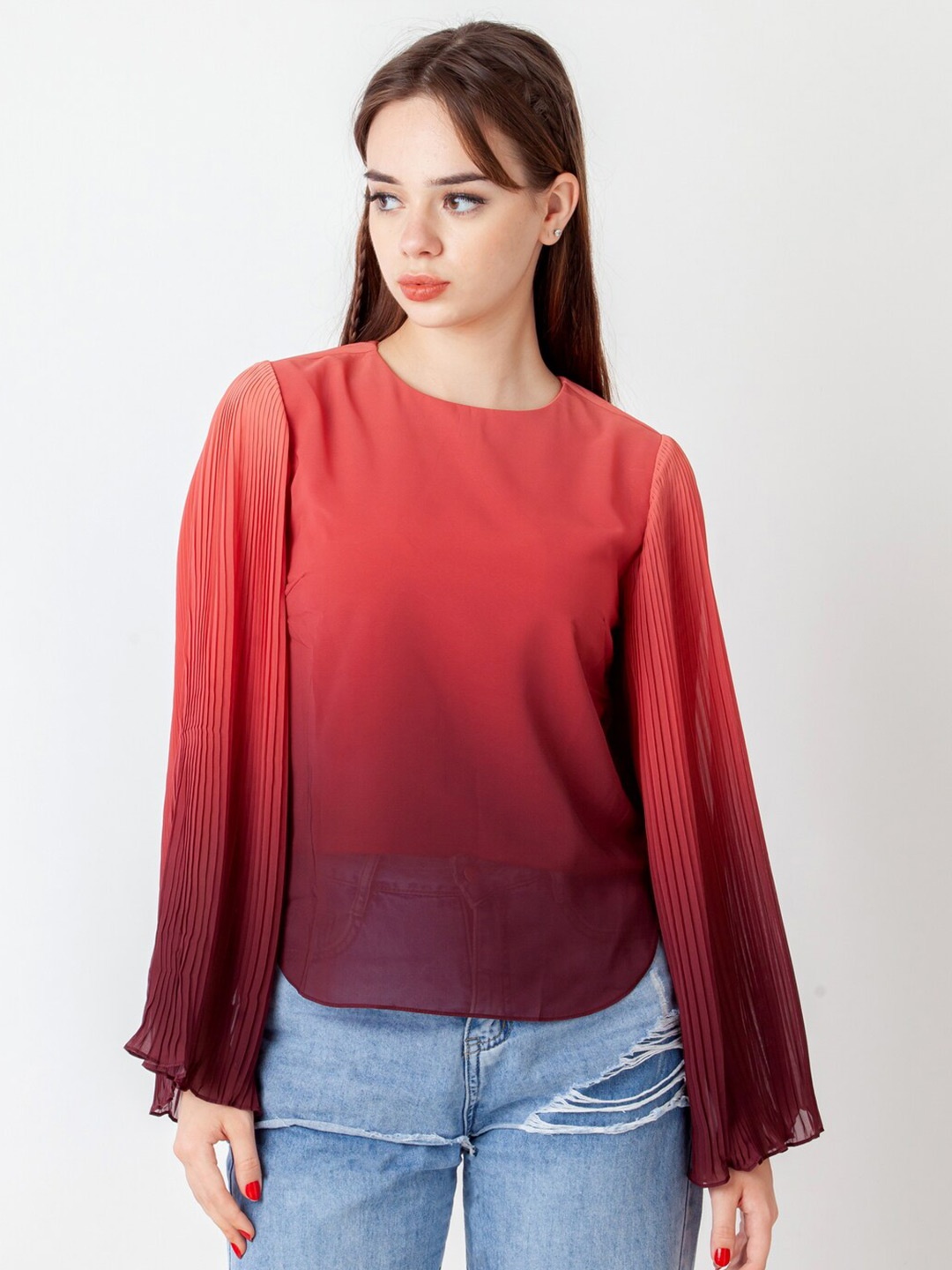 

Zink London Round Neck Flared Sleeves Regular Top, Red