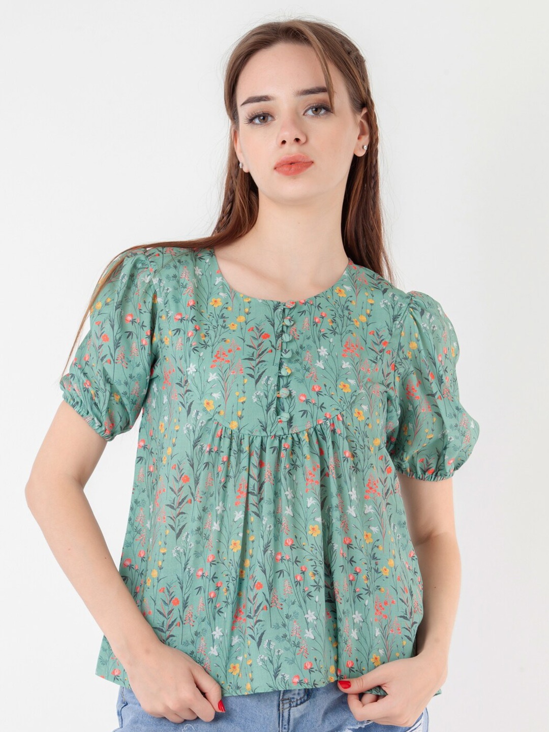 

Zink London Floral Print Round Neck Puff Sleeves A Line Top, Green