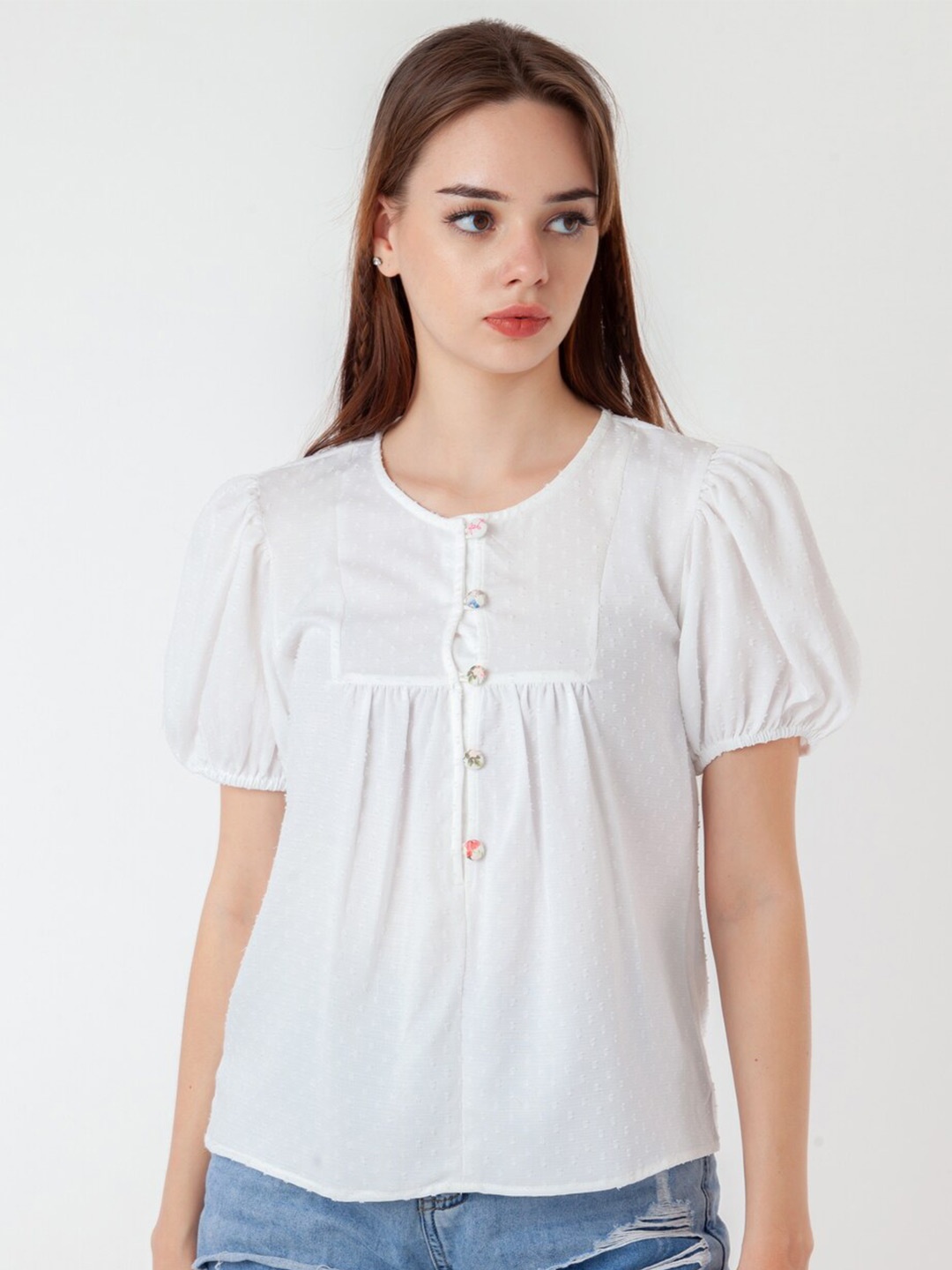 

Zink London Round Neck Short Puff Sleeves Self Design Regular Top Top, White