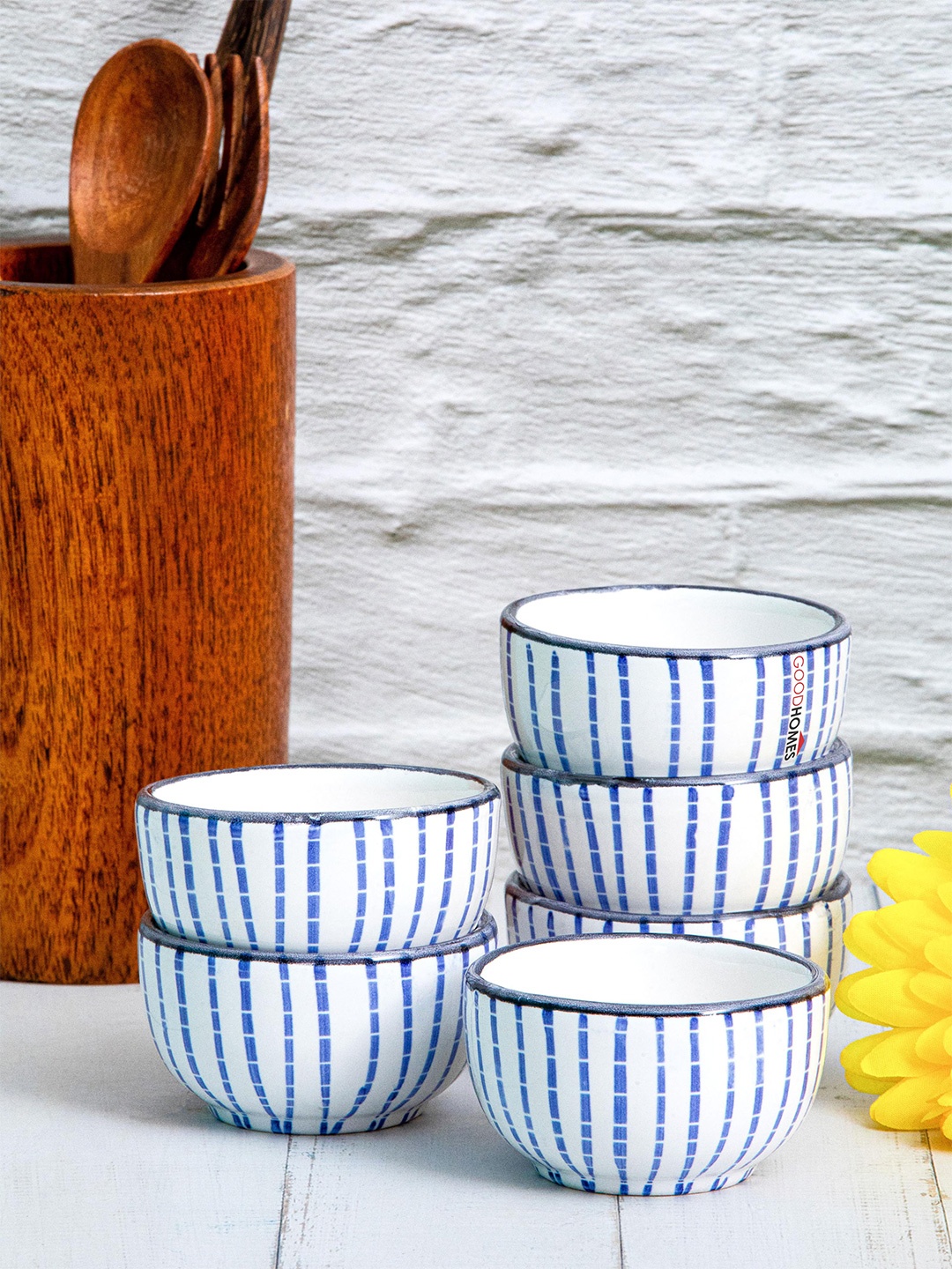 

GOODHOMES White & Blue 6 Pieces Printed Stoneware Glossy Bowls 80 ML Each