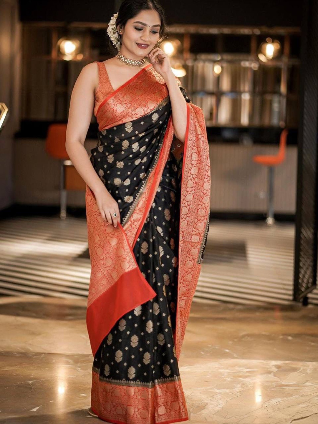 

bansari textiles Ethnic Motifs Woven Design Zari Pure Silk Designer Banarasi Saree, Black