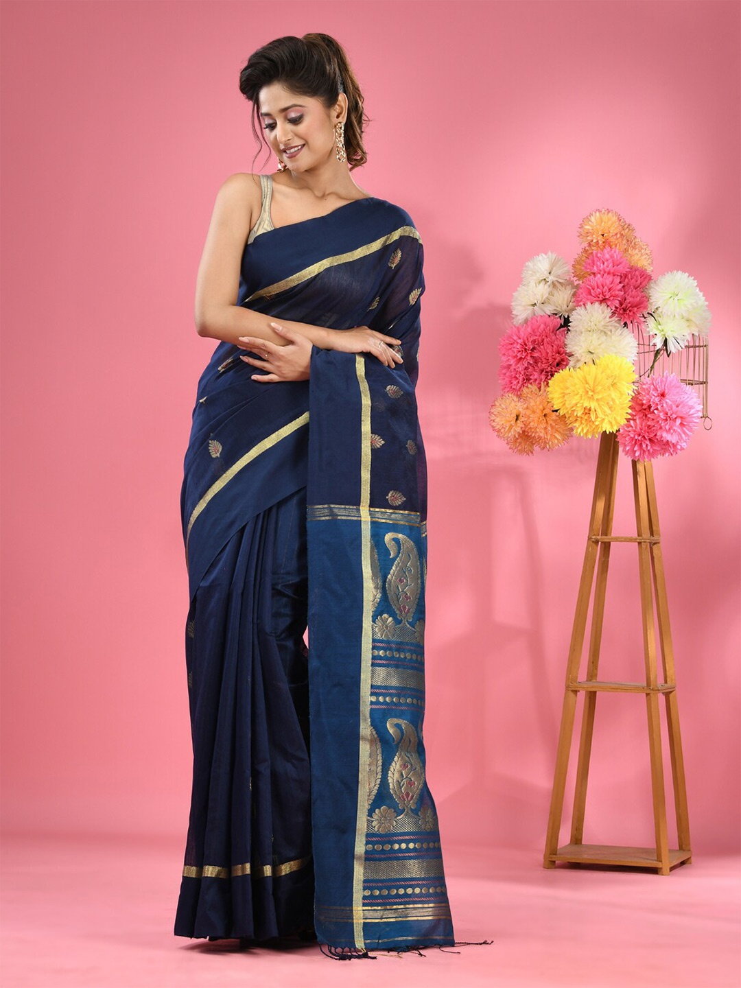 

Charukriti Ethnic Motifs Zari Woven Design Saree, Navy blue