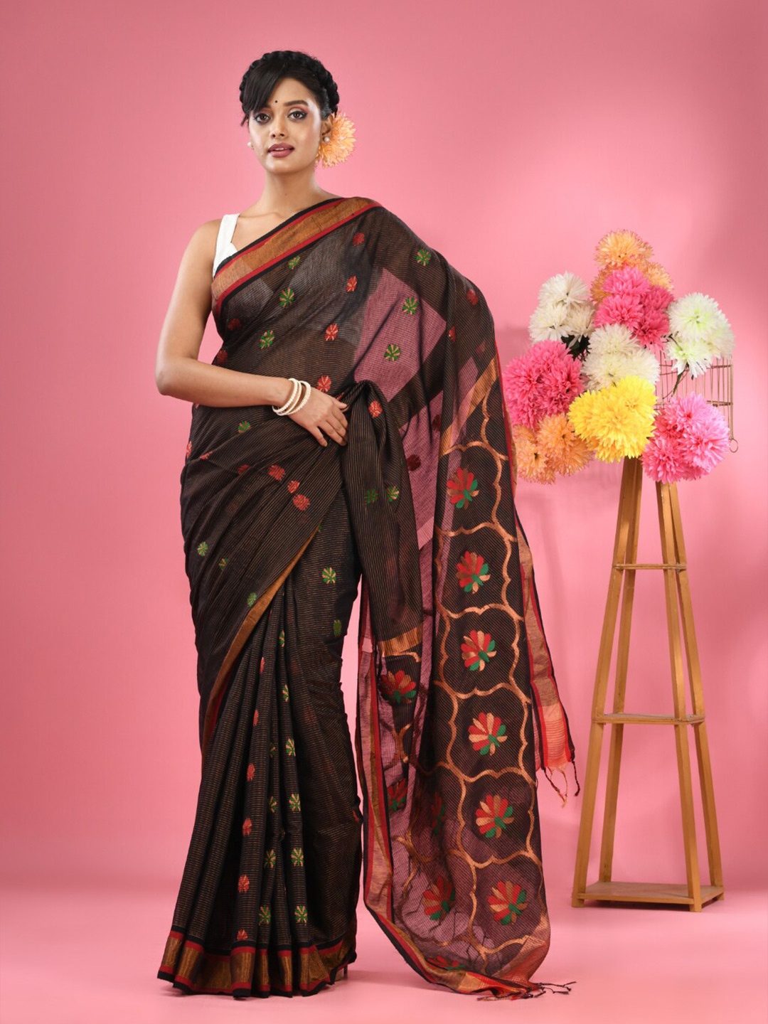 

Charukriti Floral Printed Zari Woven Design Saree, Black