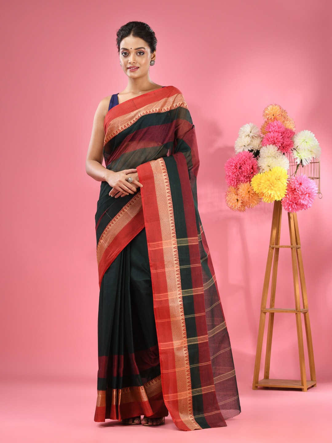 

Charukriti Striped Woven Design Pure Cotton Taant Saree, Green