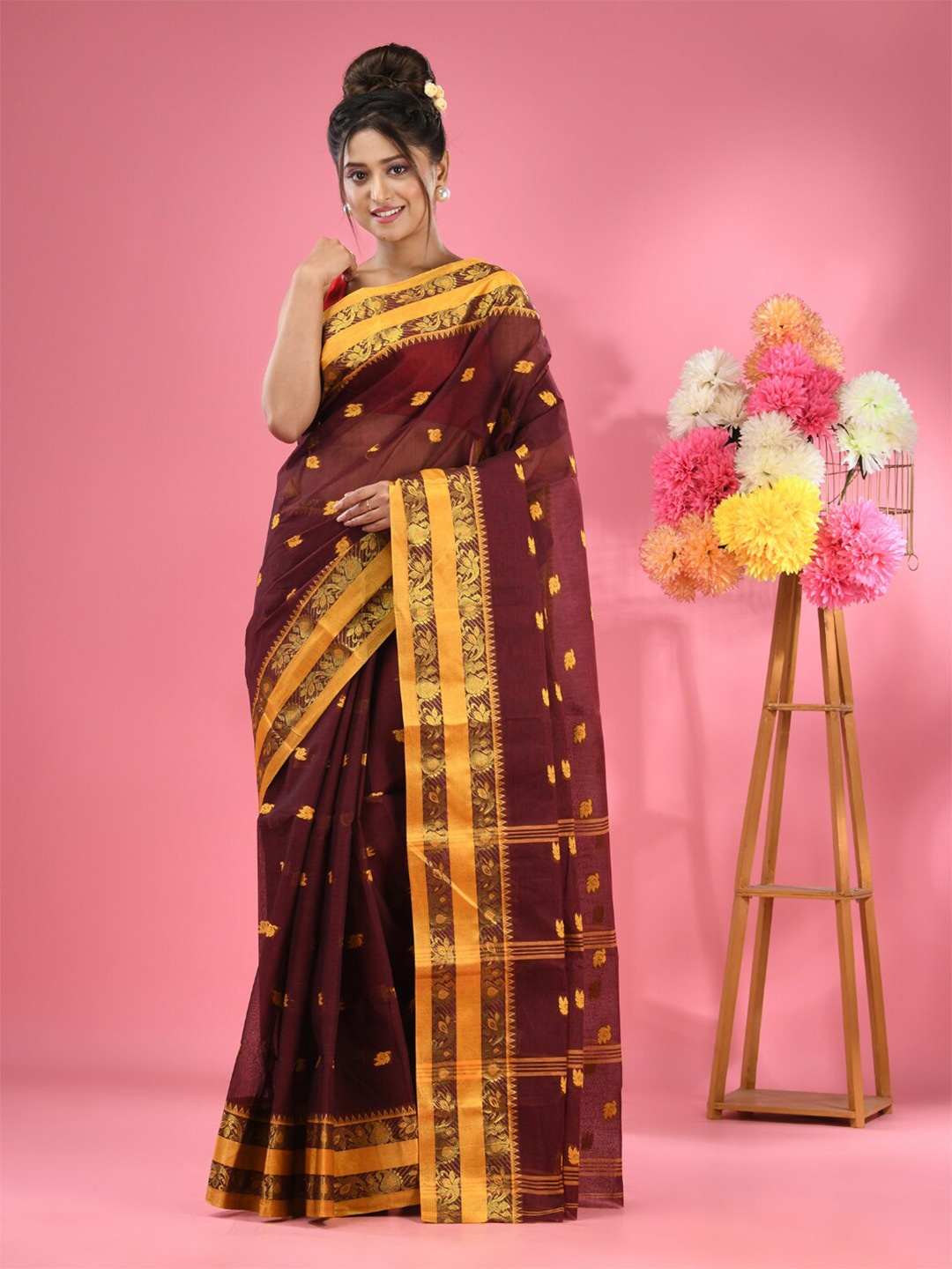 

Charukriti Ethnic Motifs Zari Woven Design Pure Cotton Taant Saree, Brown